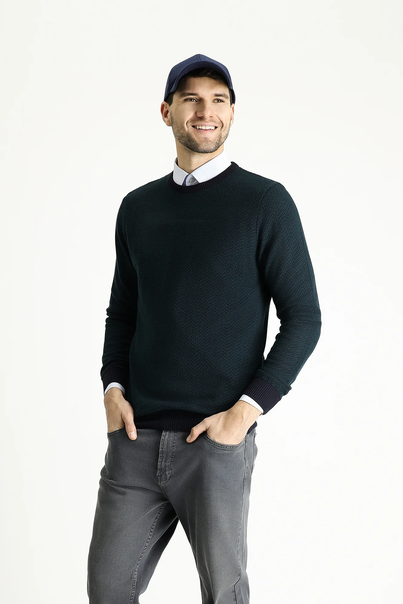 Koyu Lacivert Bisiklet Yaka Slim Fit Desenli Triko Kazak - Image 2