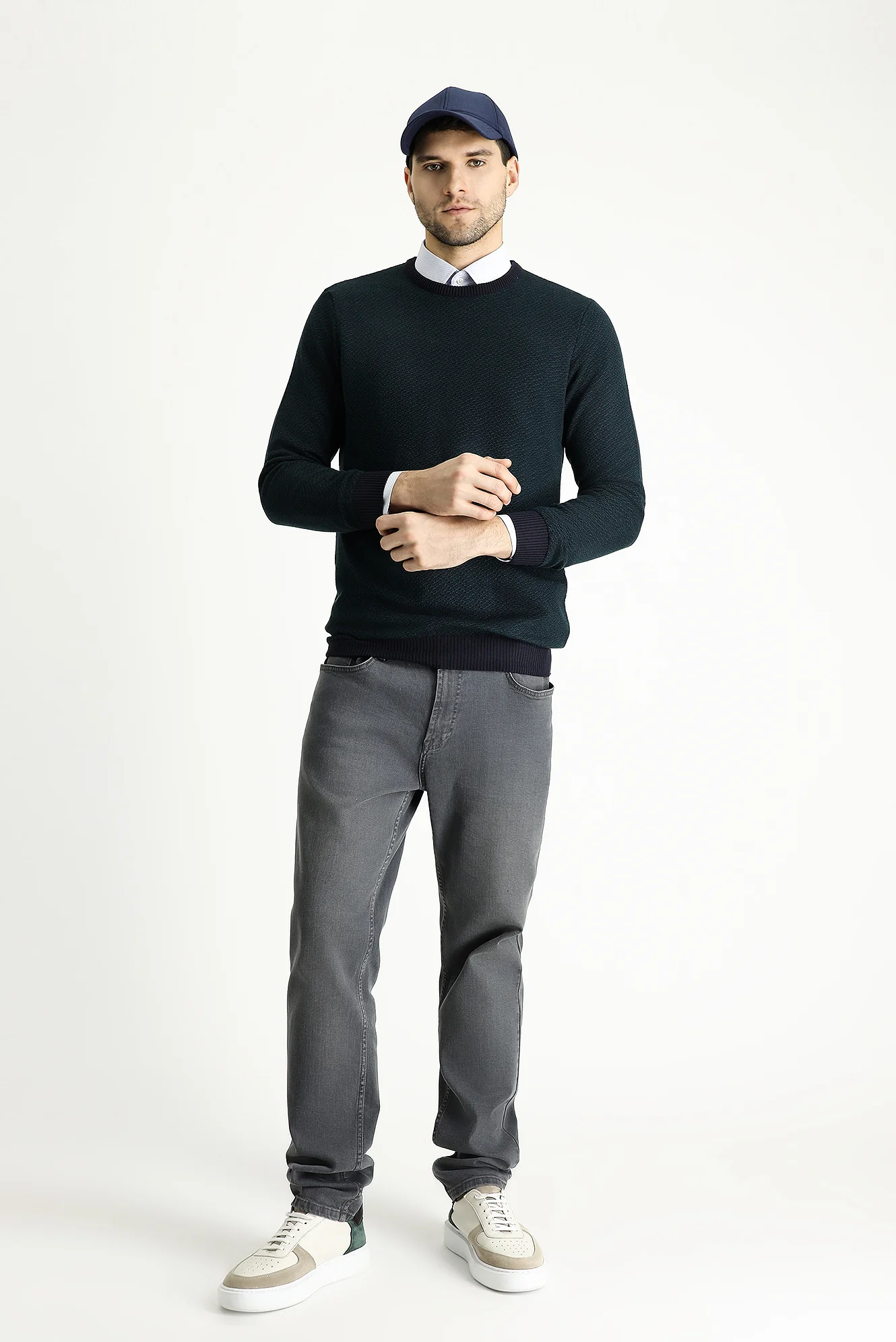 Koyu Lacivert Bisiklet Yaka Slim Fit Desenli Triko Kazak - Image 3
