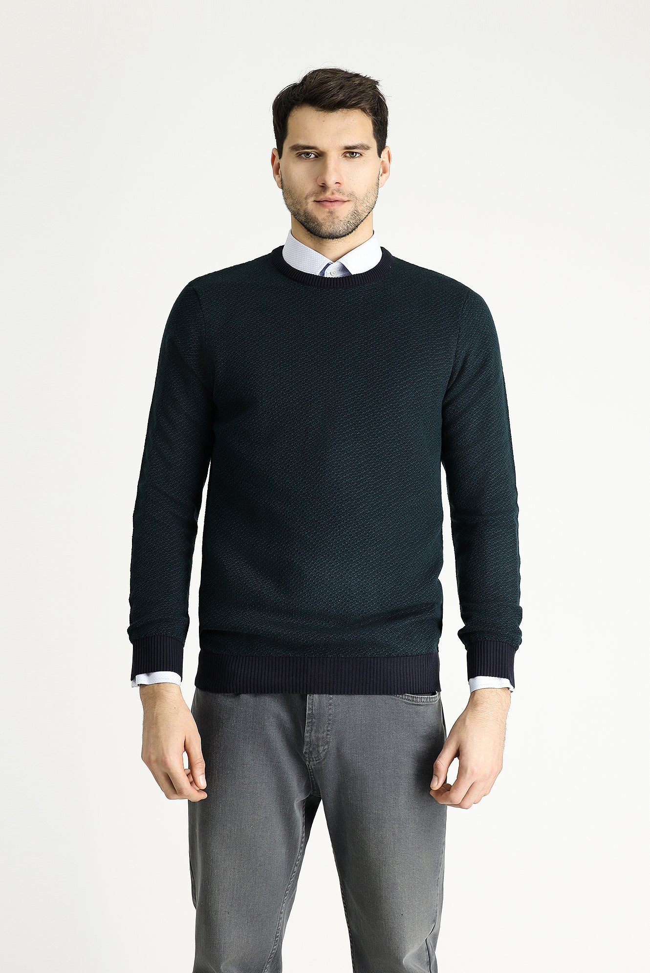 Koyu Lacivert Bisiklet Yaka Slim Fit Desenli Triko Kazak - Image 4