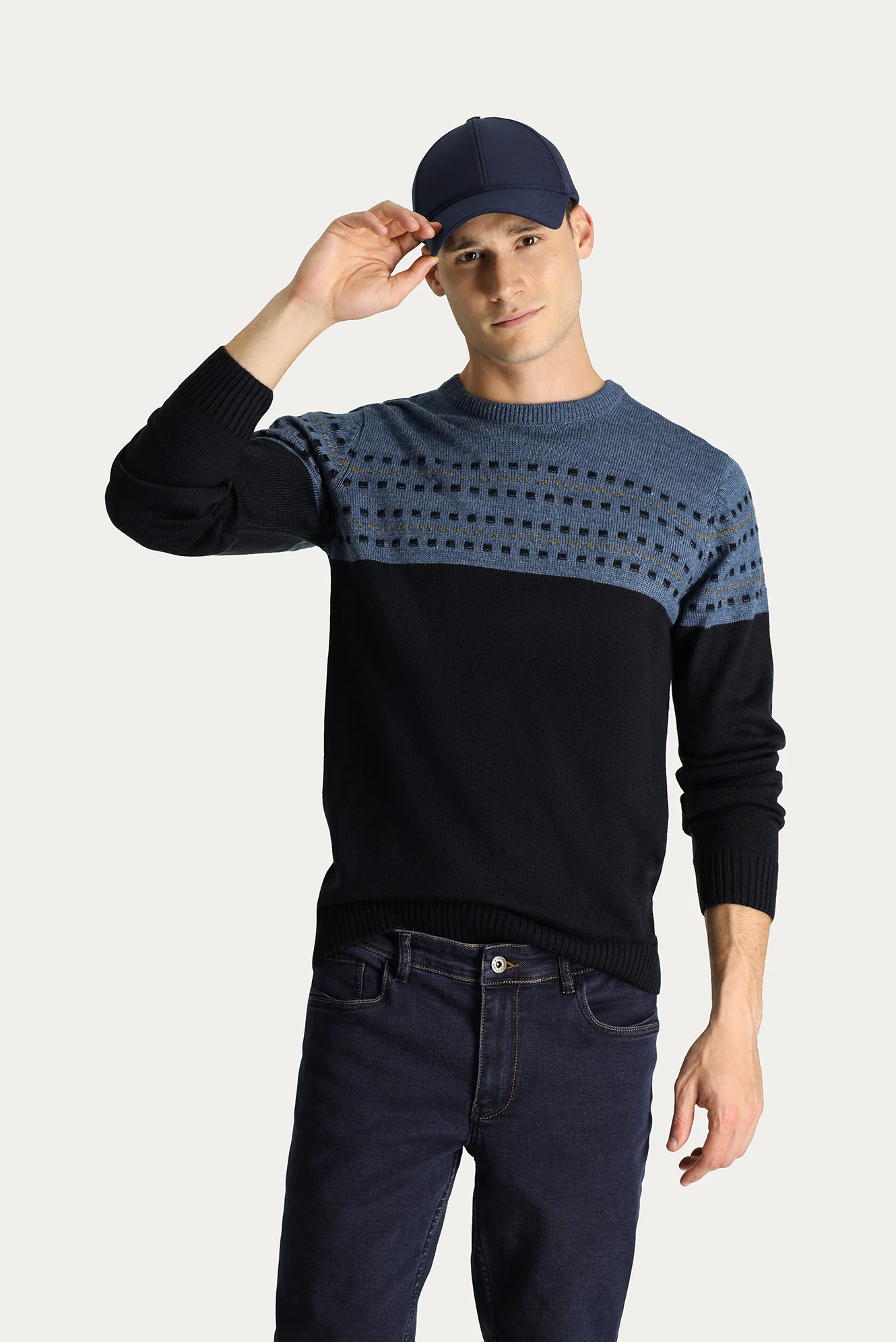 Koyu Lacivert Bisiklet Yaka Slim Fit Desenli Triko Kazak - Image 2