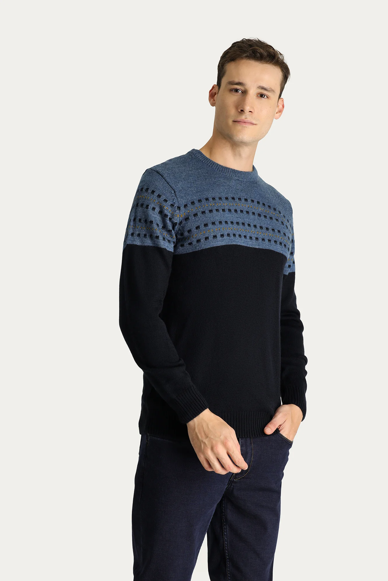 Koyu Lacivert Bisiklet Yaka Slim Fit Desenli Triko Kazak - Image 3
