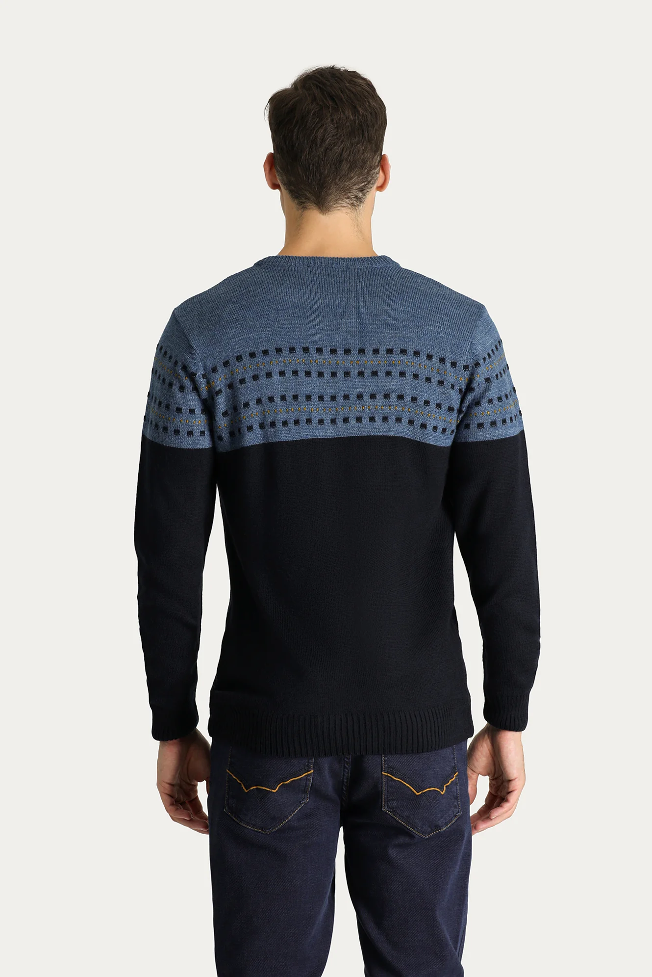 Koyu Lacivert Bisiklet Yaka Slim Fit Desenli Triko Kazak - Image 4