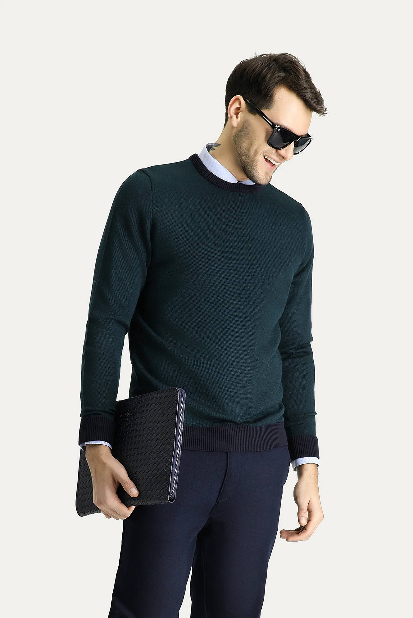 Koyu Lacivert Bisiklet Yaka Slim Fit Dar Kesim Desenli Triko Kazak