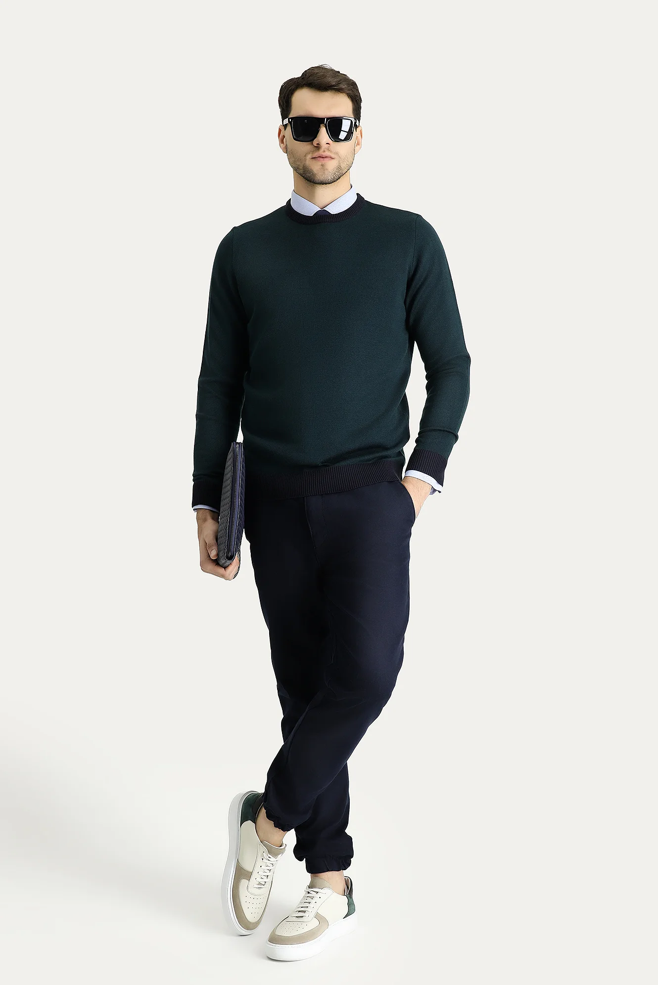 Koyu Lacivert Bisiklet Yaka Slim Fit Dar Kesim Desenli Triko Kazak - Image 2