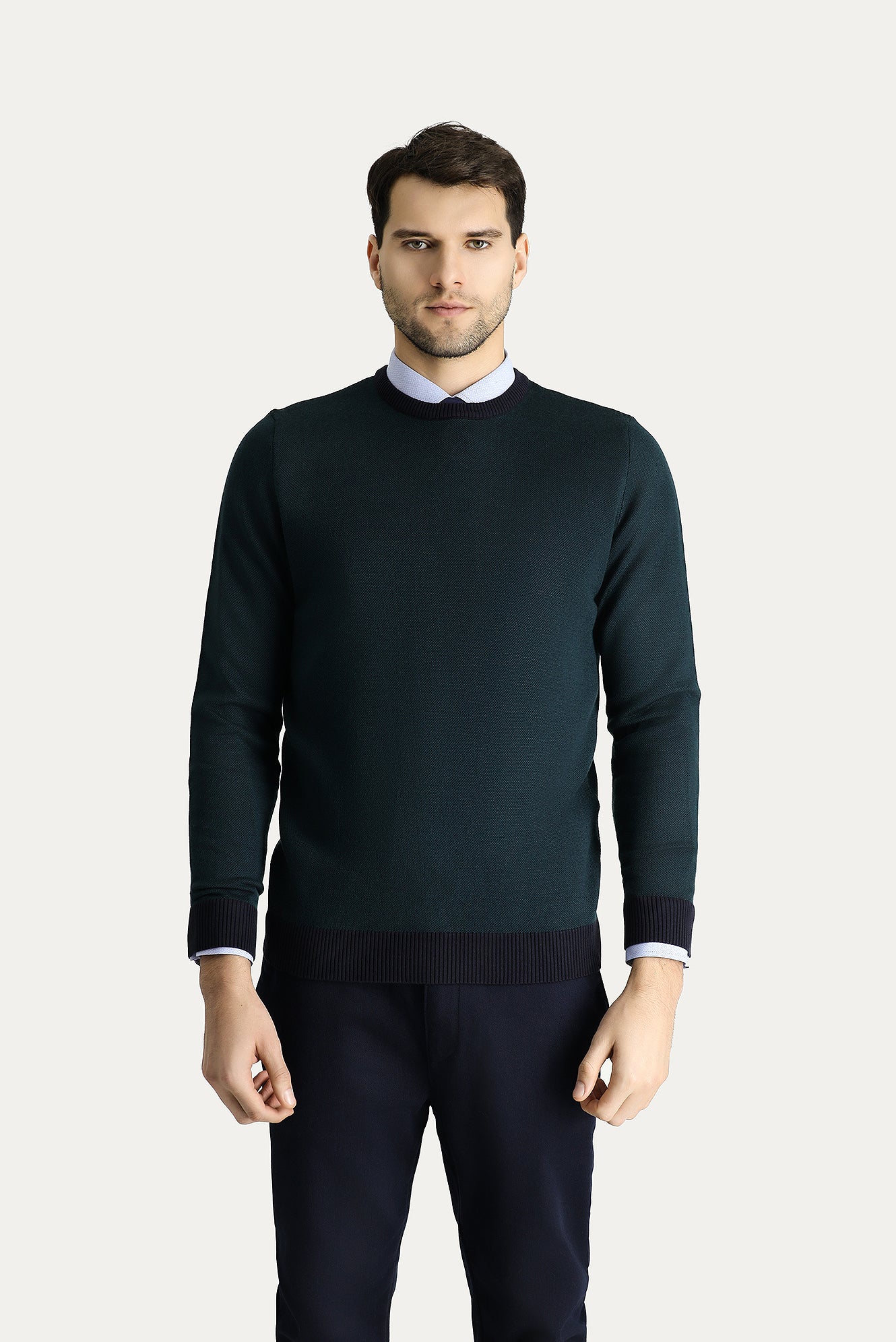 Koyu Lacivert Bisiklet Yaka Slim Fit Dar Kesim Desenli Triko Kazak - Image 3