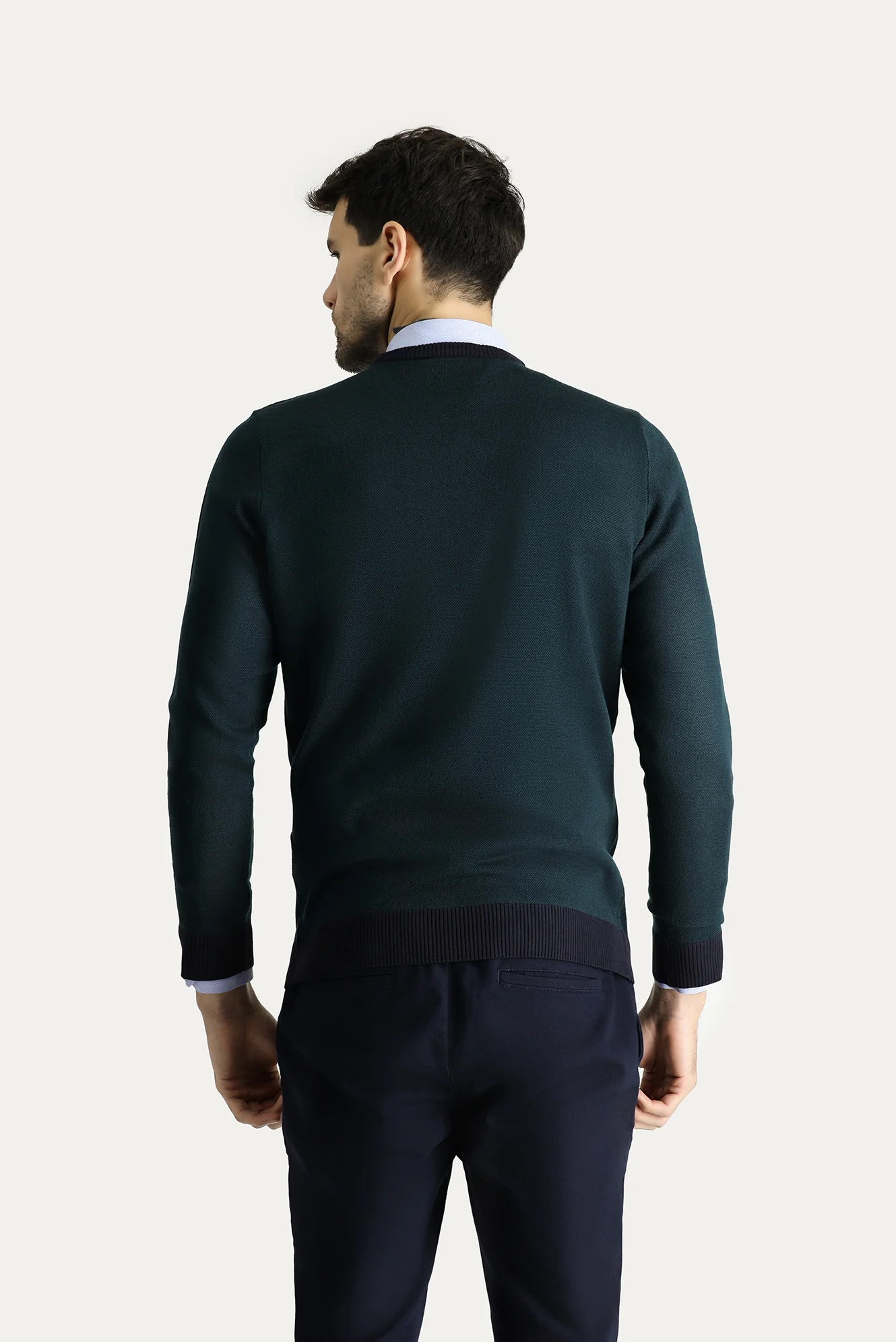 Koyu Lacivert Bisiklet Yaka Slim Fit Dar Kesim Desenli Triko Kazak - Image 4