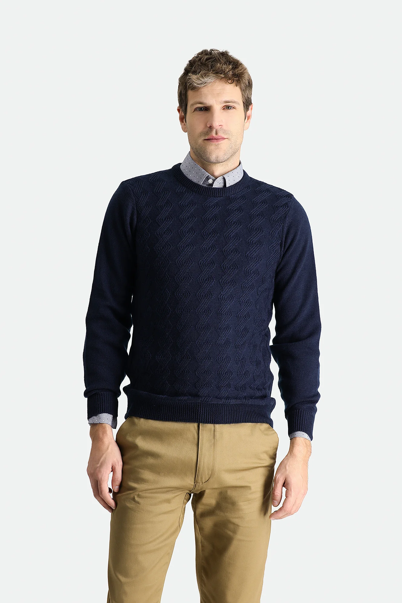 Koyu Lacivert Bisiklet Yaka Slim Fit Dar Kesim Desenli Triko Kazak - Image 3