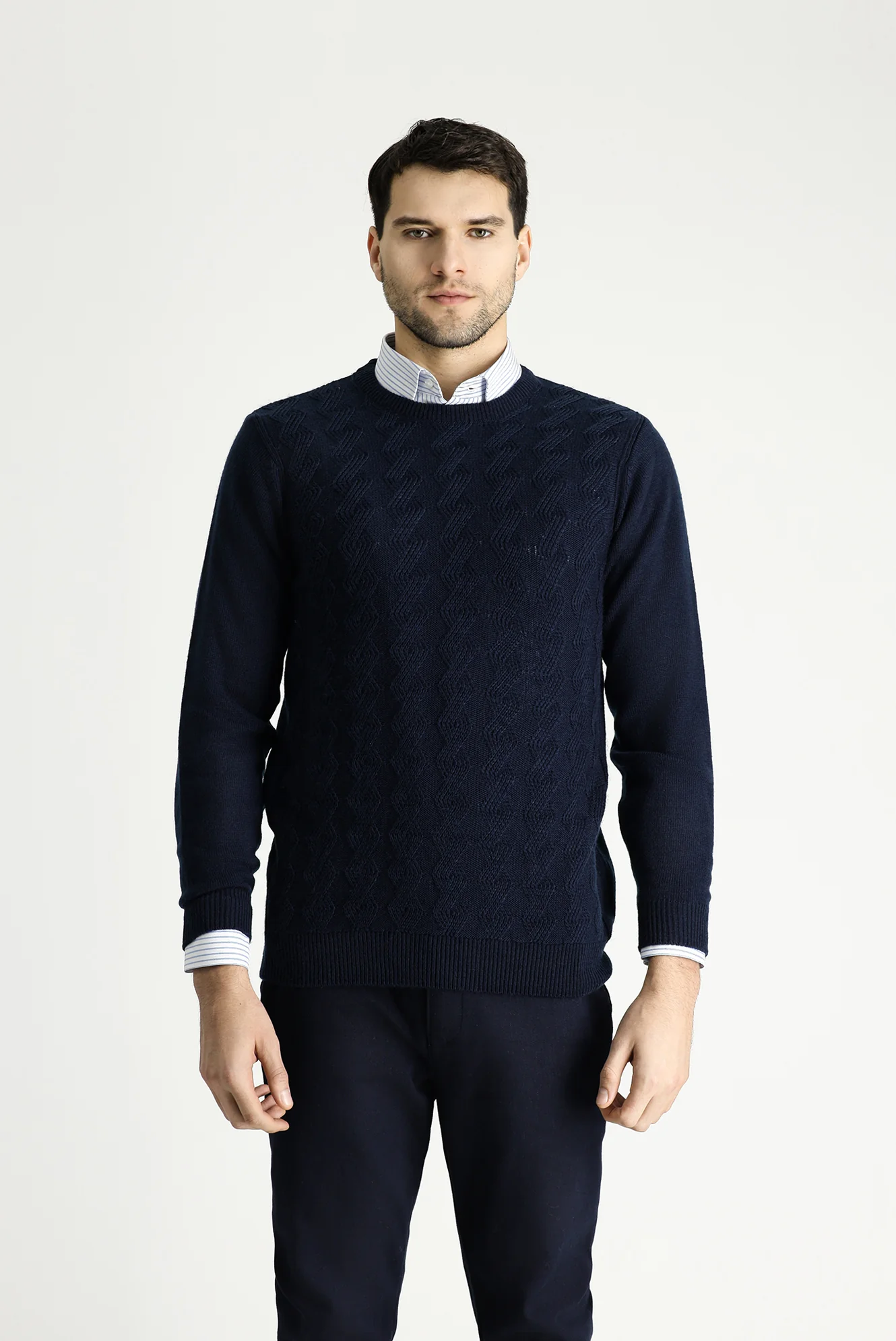 Koyu Lacivert Bisiklet Yaka Slim Fit Dar Kesim Desenli Triko Kazak - Image 4