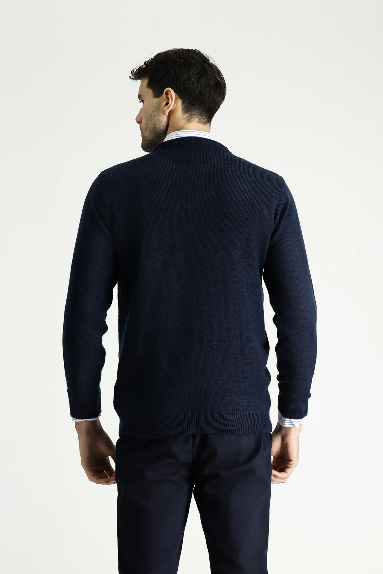 Koyu Lacivert Bisiklet Yaka Slim Fit Dar Kesim Desenli Triko Kazak - Image 5