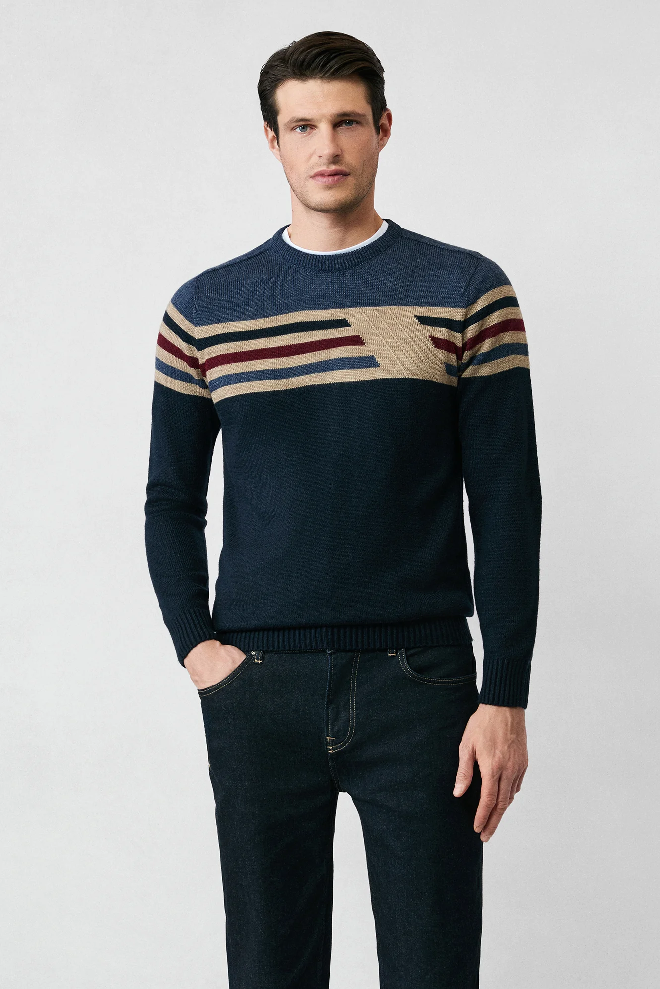 Koyu Lacivert Bisiklet Yaka Slim Fit Dar Kesim Dikişsiz Desenli Triko Kazak - Image 2