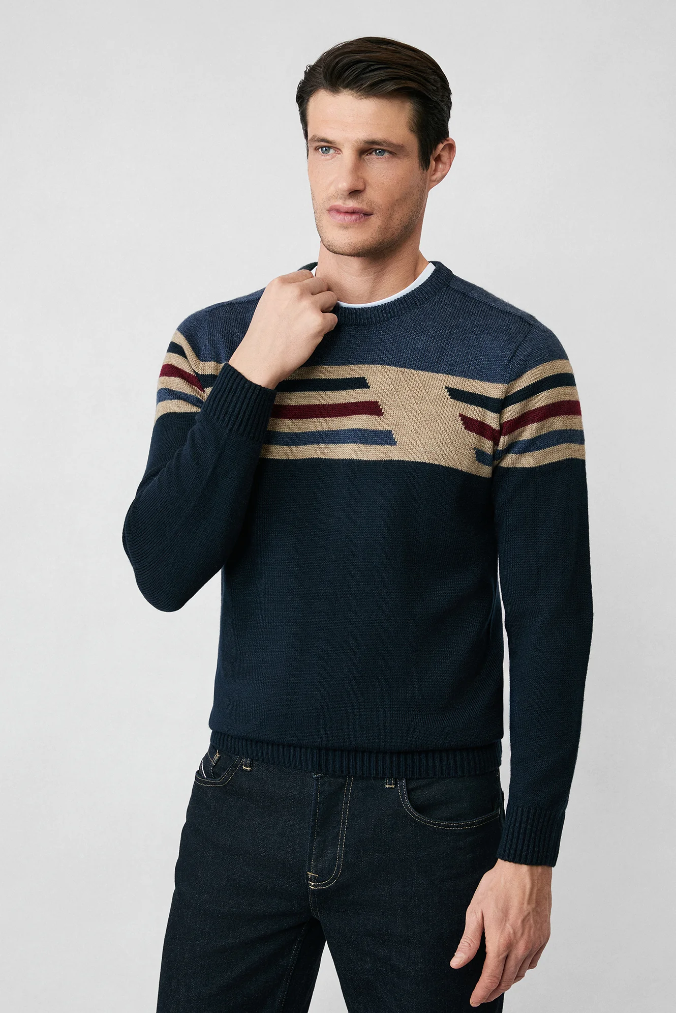 Koyu Lacivert Bisiklet Yaka Slim Fit Dar Kesim Dikişsiz Desenli Triko Kazak - Image 3