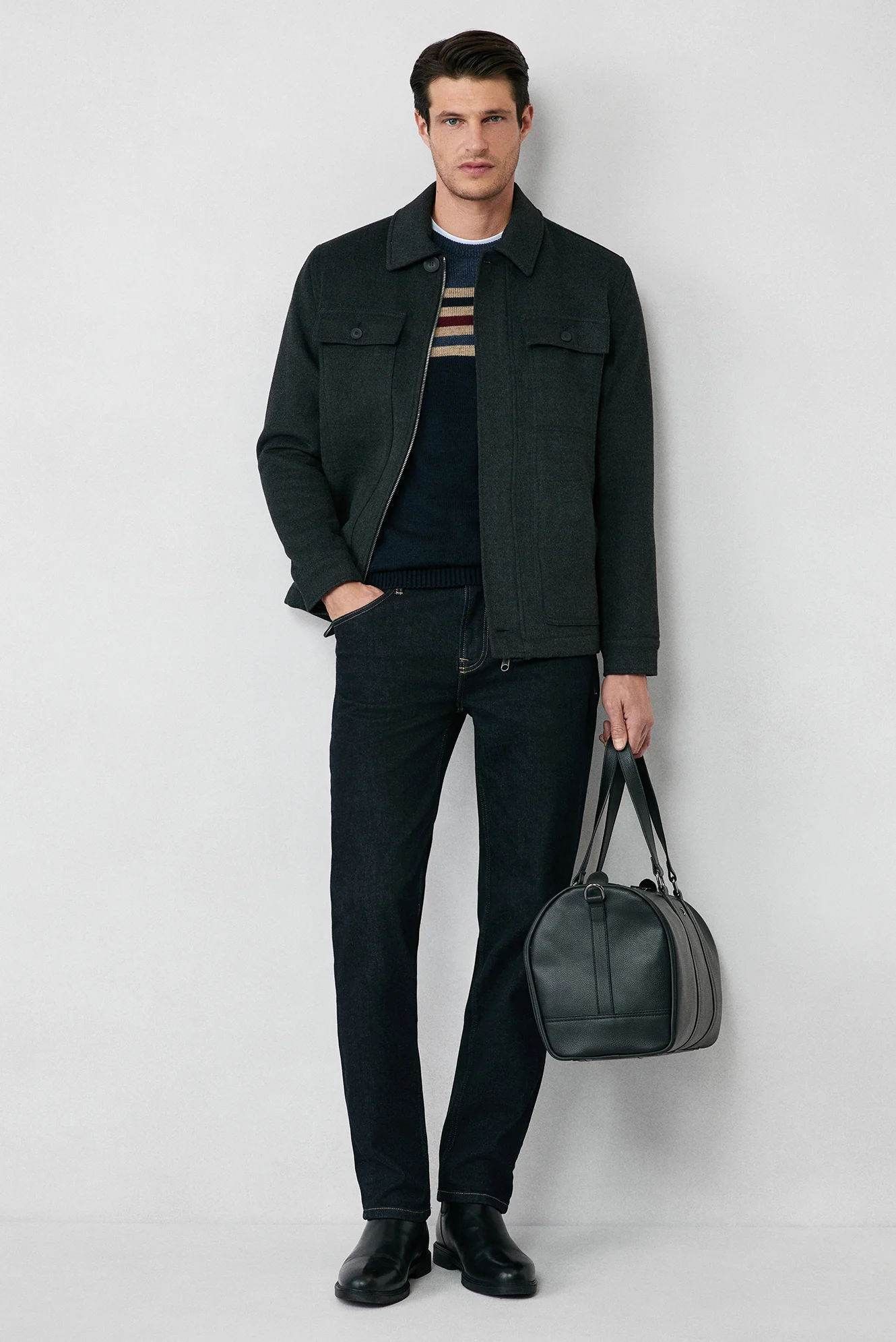 Koyu Lacivert Bisiklet Yaka Slim Fit Dar Kesim Dikişsiz Desenli Triko Kazak - Image 5
