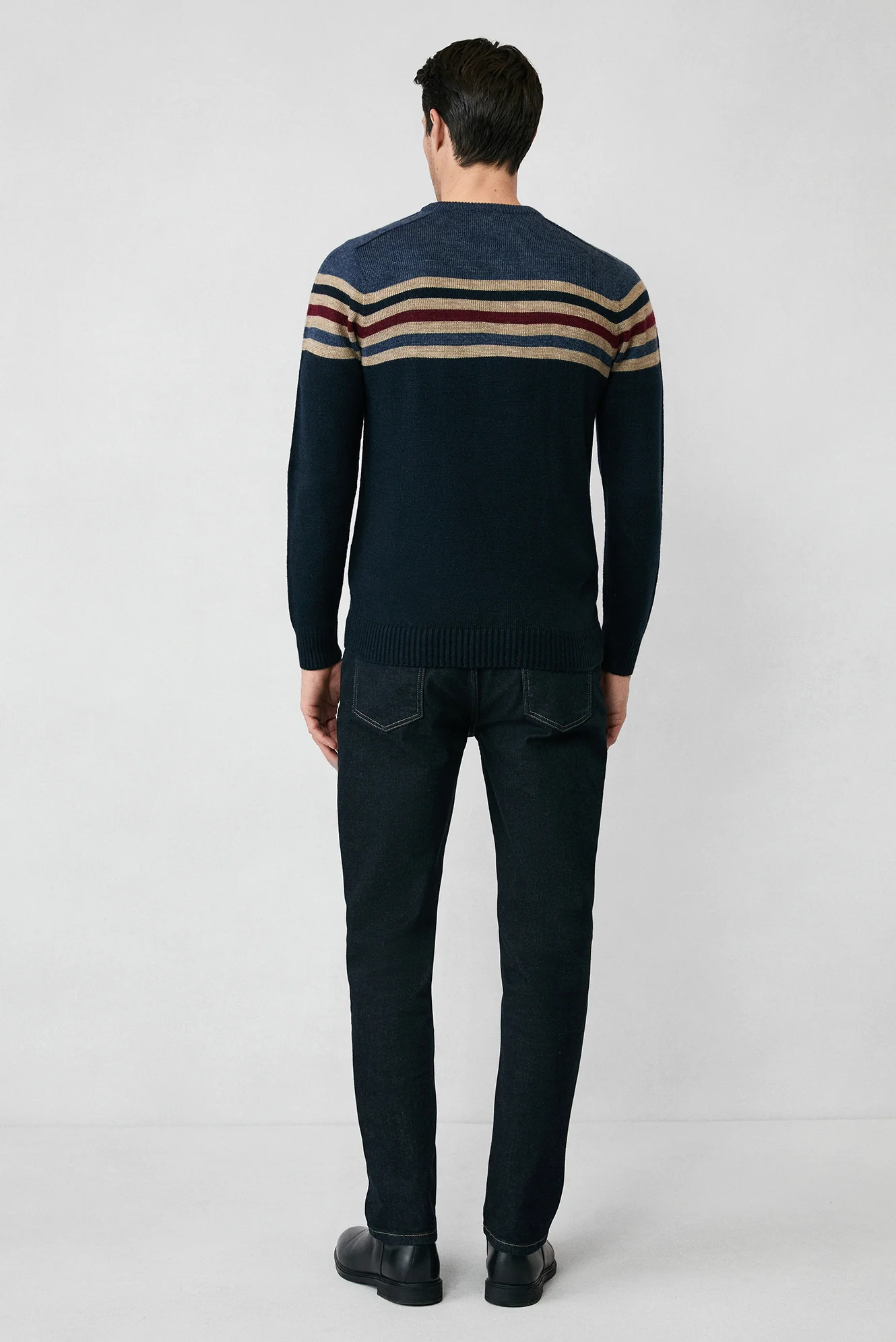 Koyu Lacivert Bisiklet Yaka Slim Fit Dar Kesim Dikişsiz Desenli Triko Kazak - Image 6