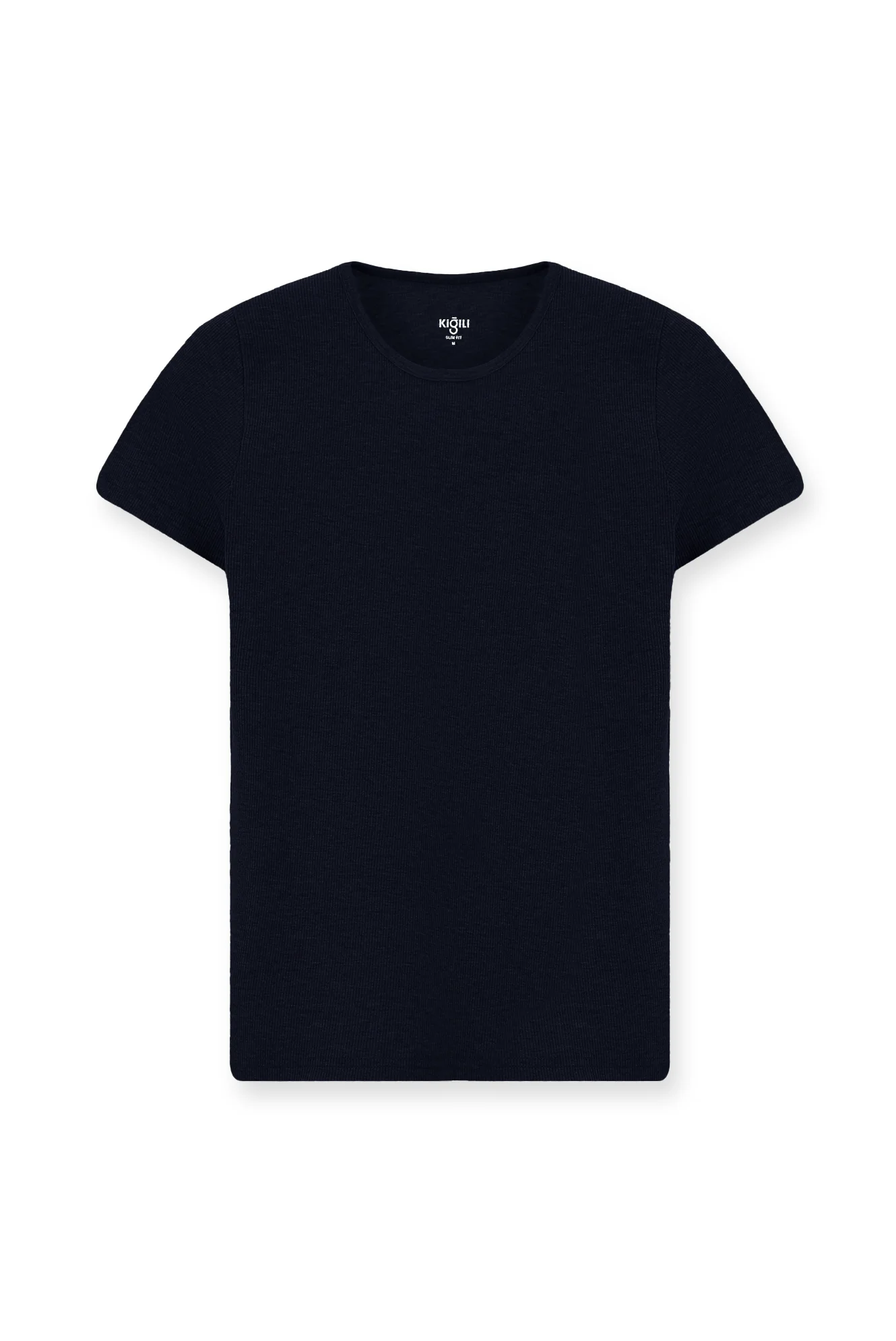 Koyu Lacivert Bisiklet Yaka Slim Fit Dar Kesim Pamuk Fitilli Tişört