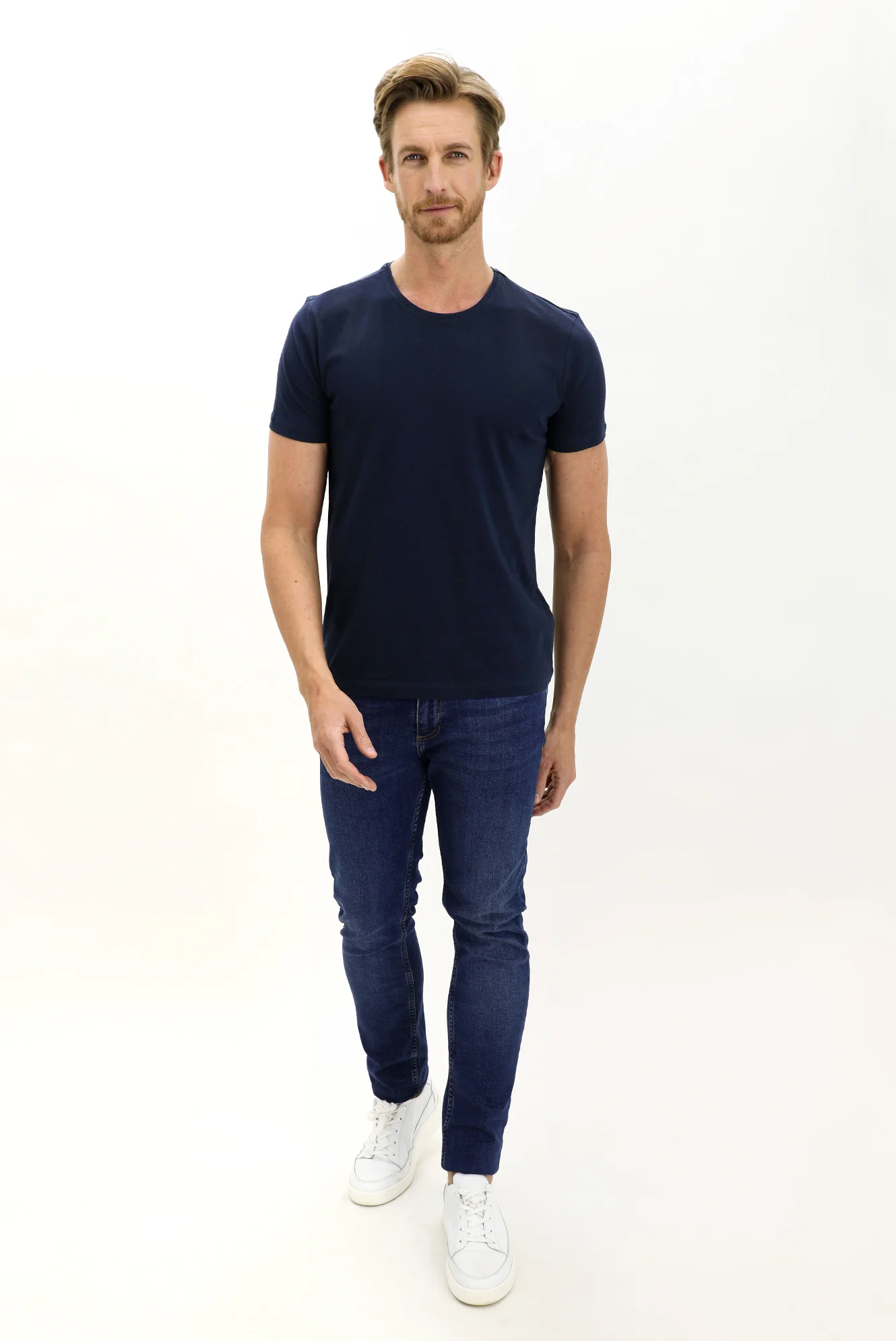 Koyu Lacivert Bisiklet Yaka Slim Fit Dar Kesim Pamuk Tişört - Image 2