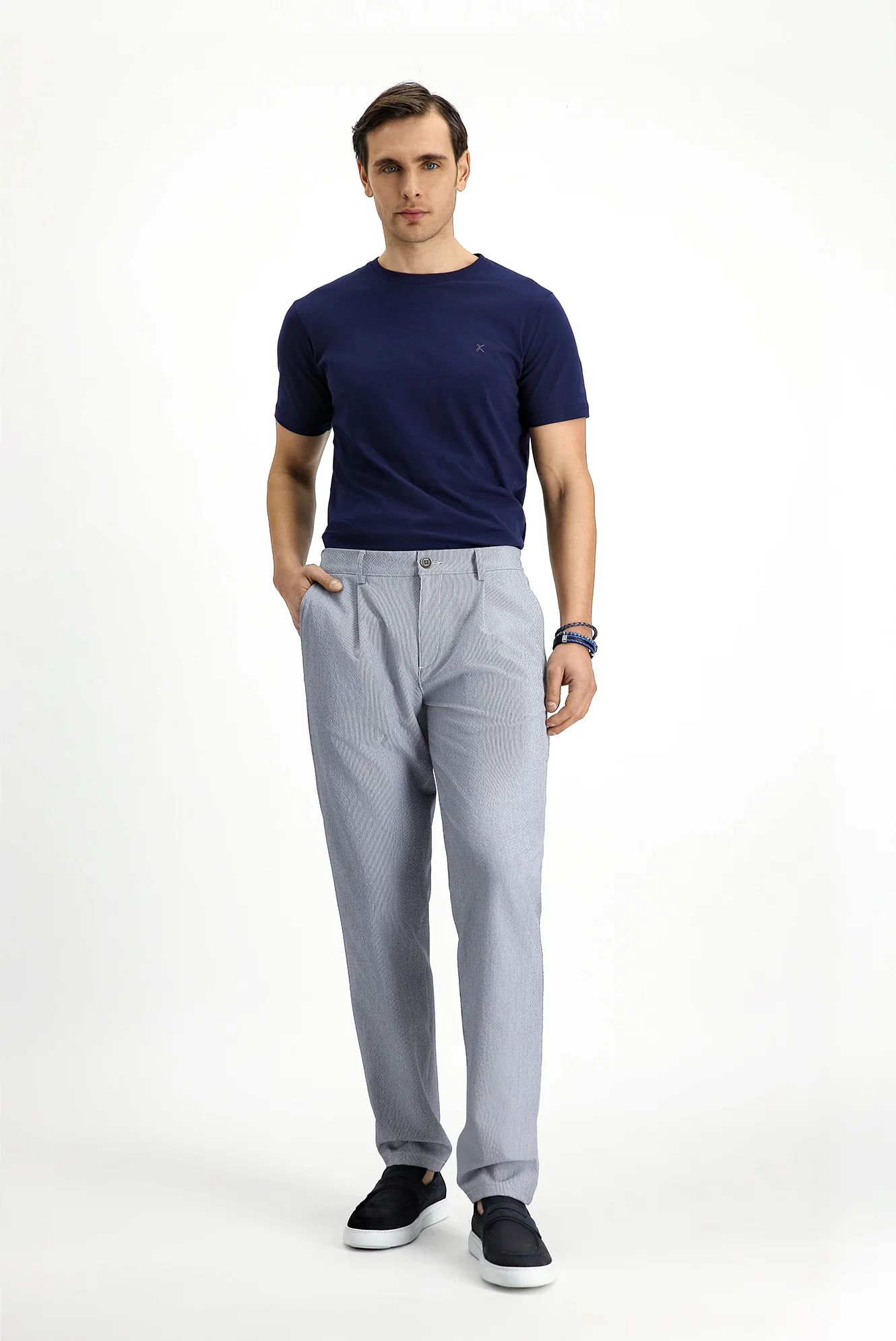 Koyu Lacivert Bisiklet Yaka Slim Fit Dar Kesim Pamuk Tişört - Image 2