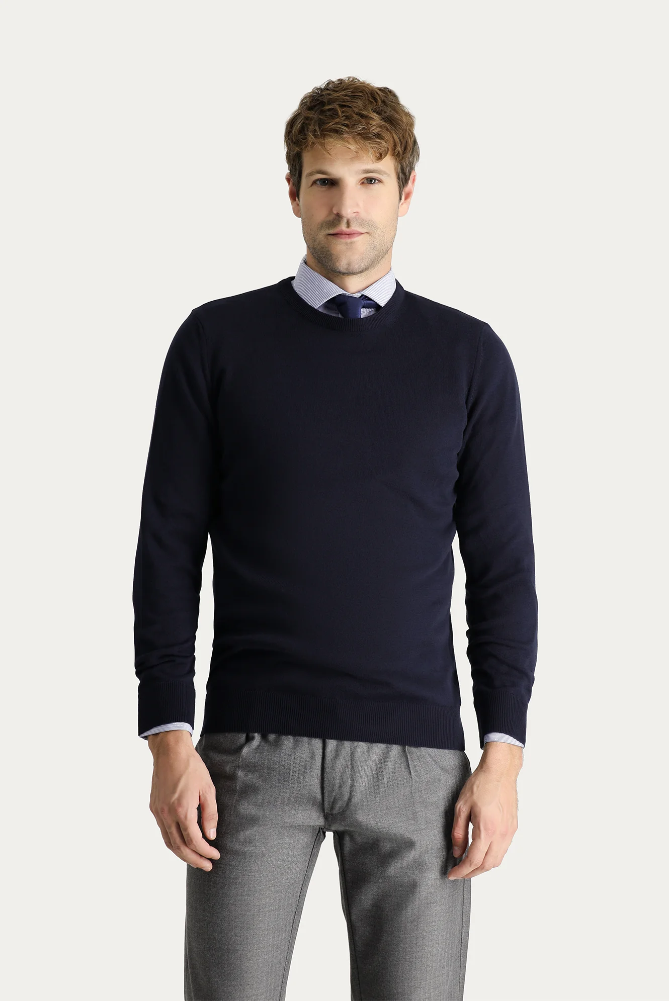 Koyu Lacivert Bisiklet Yaka Slim Fit Dar Kesim Pamuklu Triko Kazak - Image 3