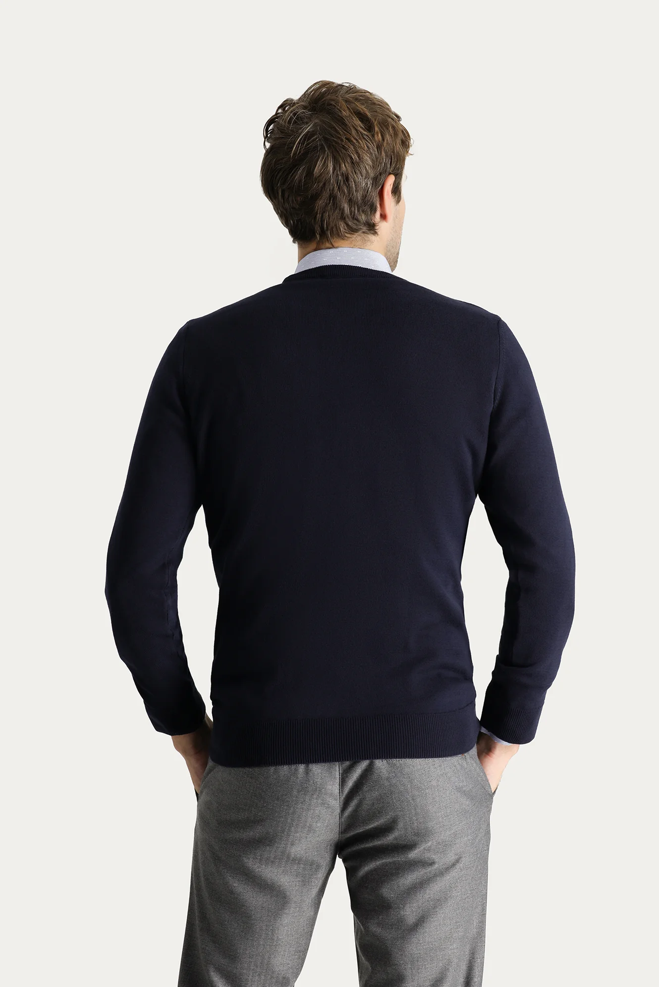 Koyu Lacivert Bisiklet Yaka Slim Fit Dar Kesim Pamuklu Triko Kazak - Image 4