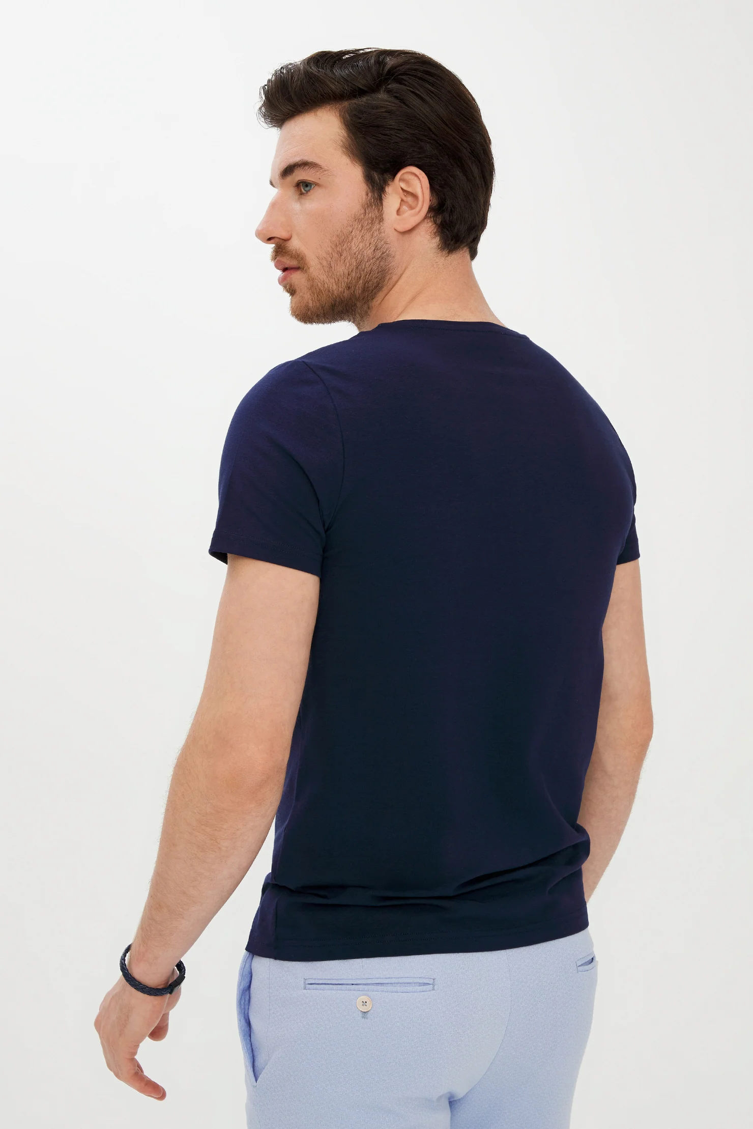 Koyu Lacivert Bisiklet Yaka Super Slim Fit Ekstra Dar Kesim Baskılı Tişört - Image 3