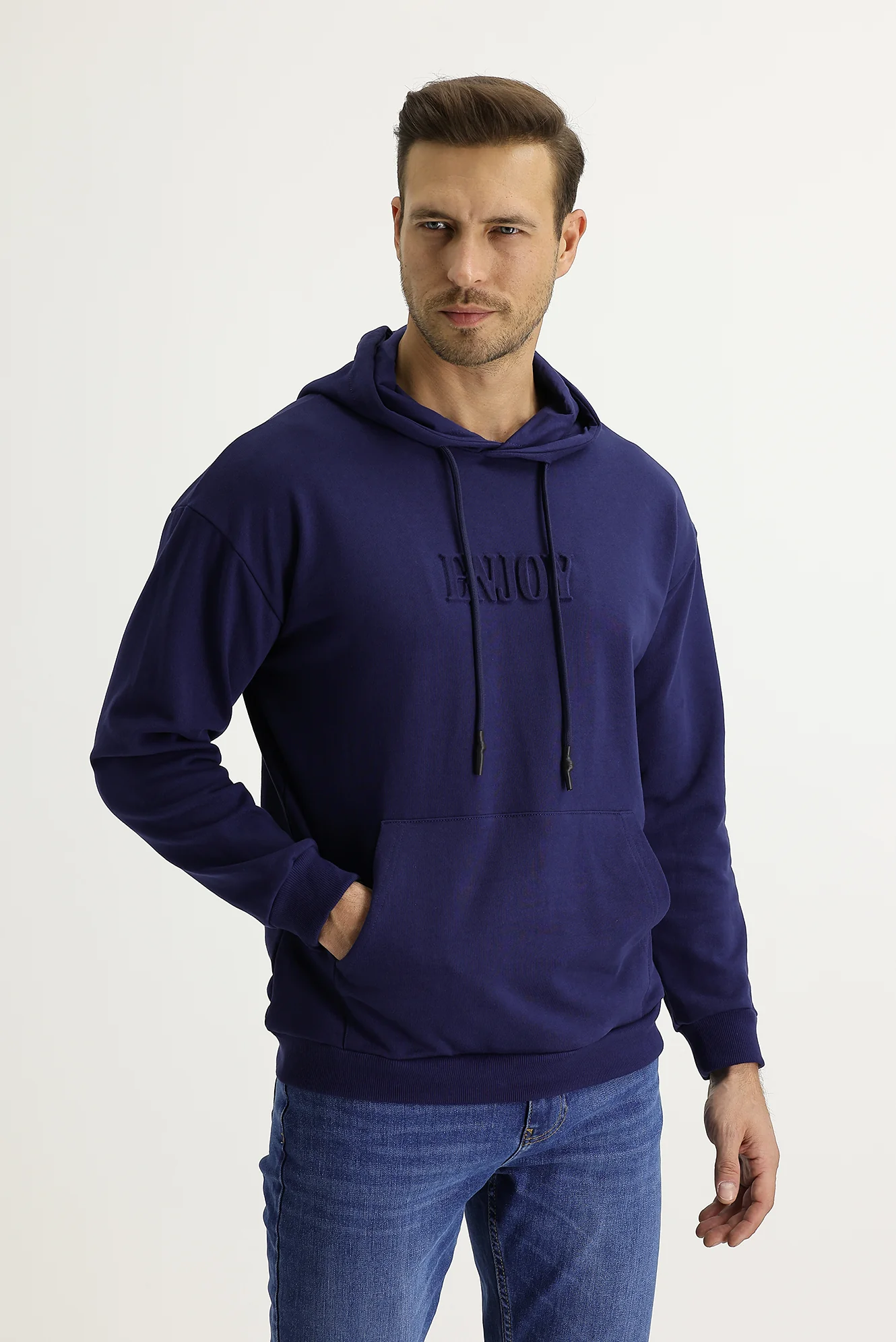 Koyu Lacivert Kapüşonlu Baskılı Pamuk Sweatshirt