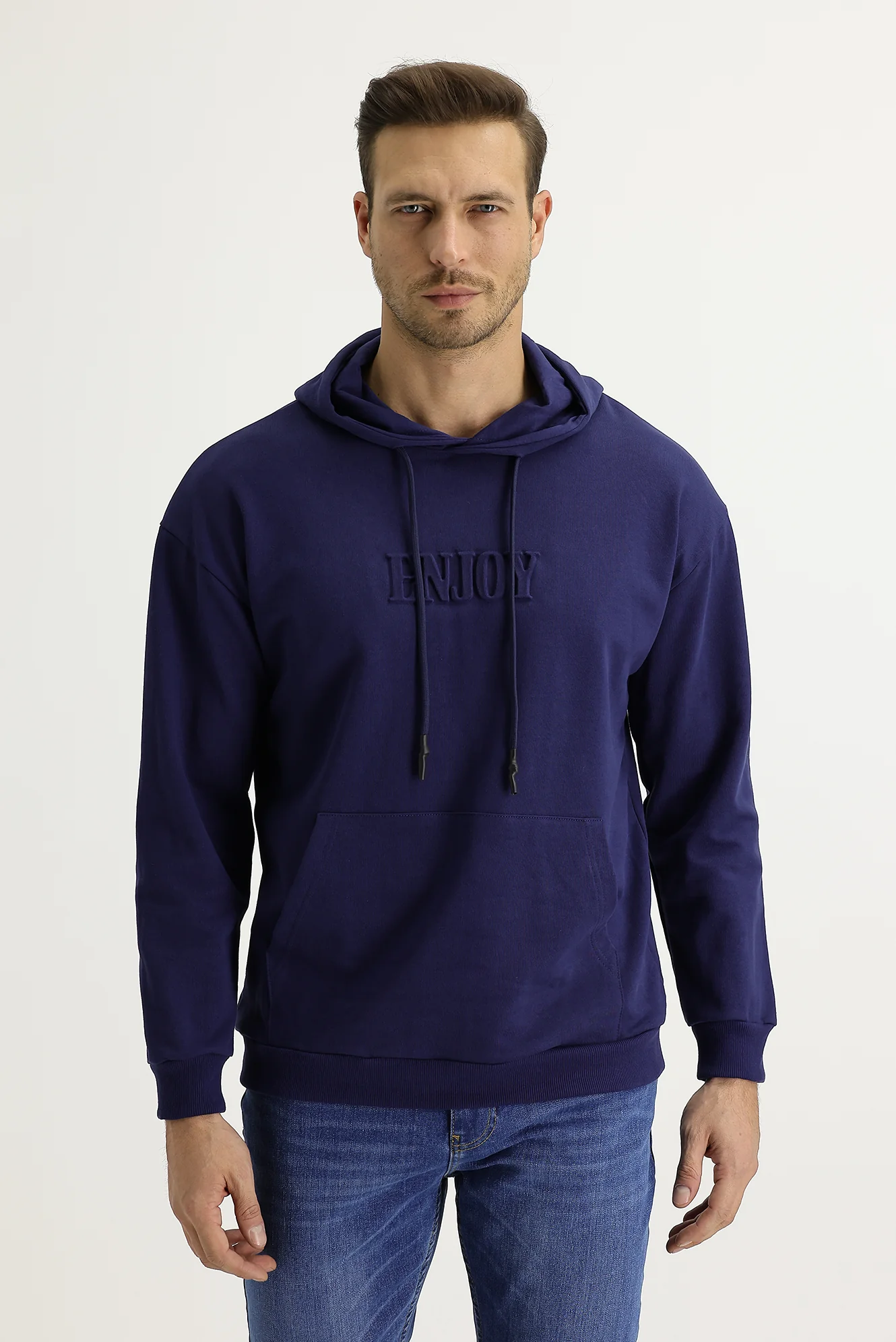 Koyu Lacivert Kapüşonlu Baskılı Pamuk Sweatshirt - Image 2