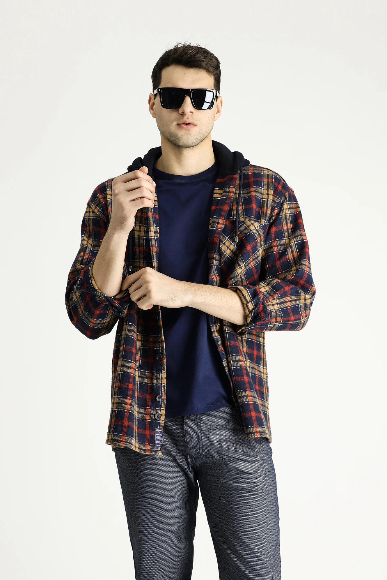 Koyu Lacivert Kapüşonlu Oversize Ekose Shacket Oduncu Pamuk Gömlek / Mont