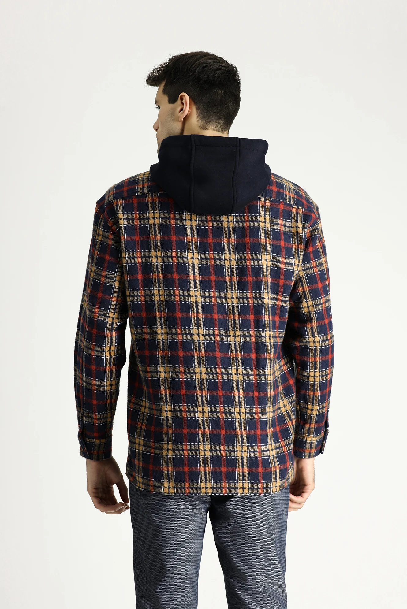 Koyu Lacivert Kapüşonlu Oversize Ekose Shacket Oduncu Pamuk Gömlek / Mont - Image 5