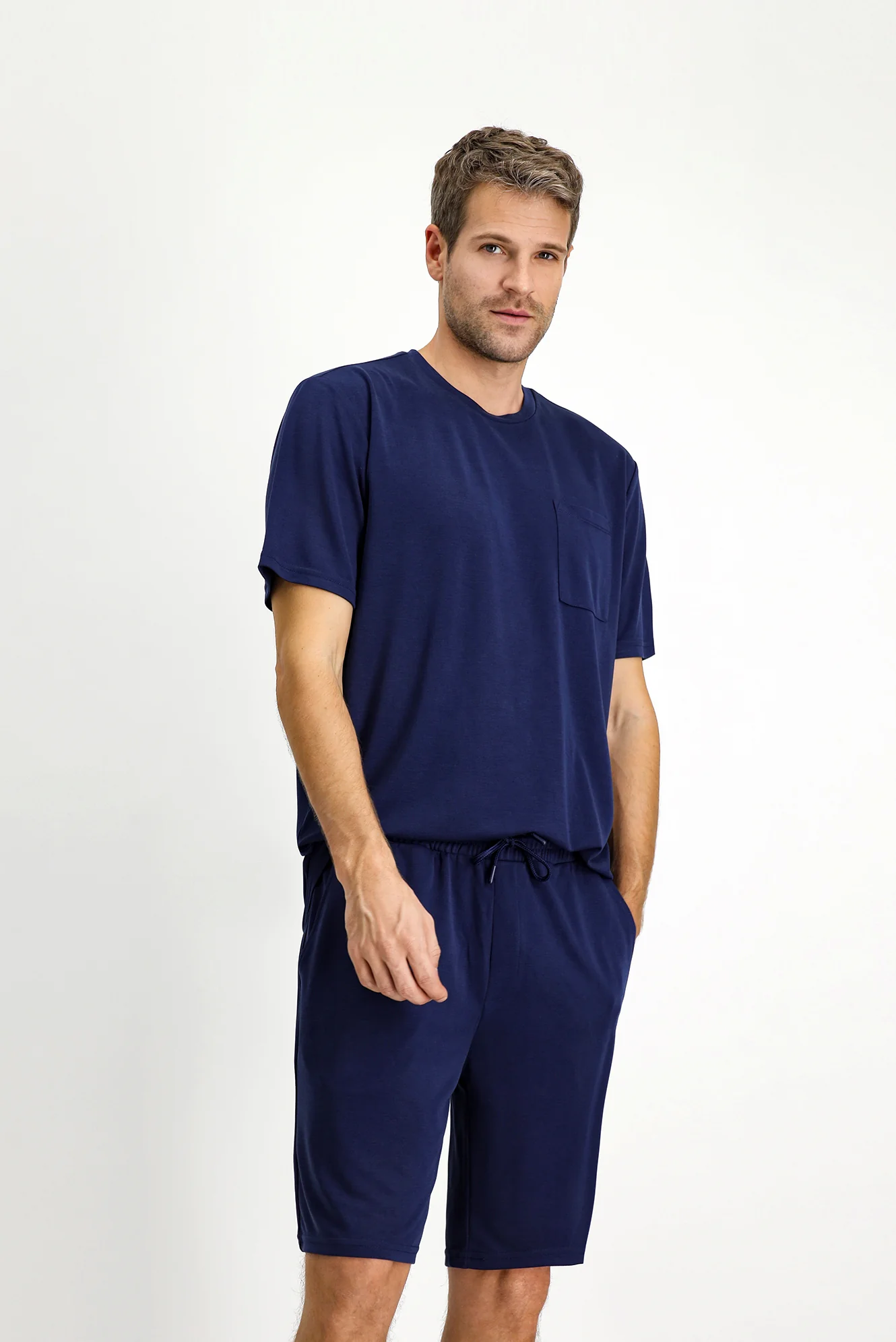 Koyu Lacivert Kısa Kol Bisiklet Yaka 2'li Şortlu Pijama Takımı - Image 2