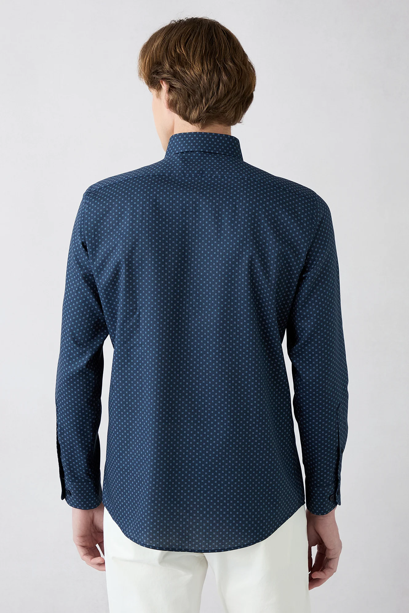 Koyu Lacivert Uzun Kol Slim Fit Baskılı Klasik Yaka Pamuk Gömlek - Image 6