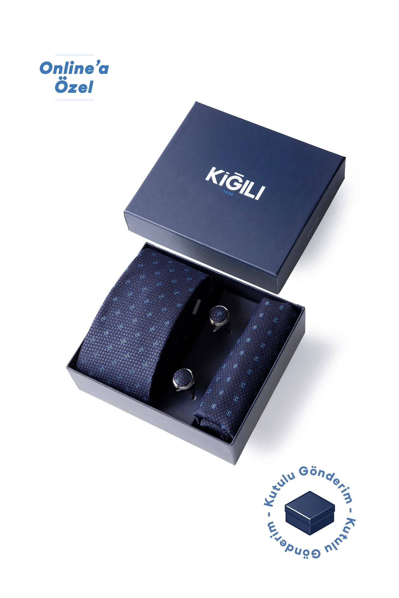 Koyu Lacivert 3'lü Desenli Kravat & Mendil & Kol Düğmesi Hediye Kutulu Set