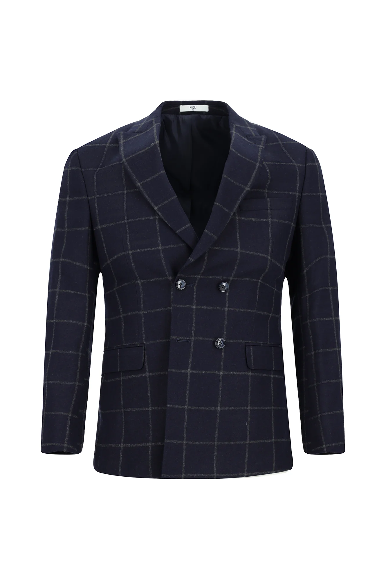 Koyu Lacivert 7 Drop Super Slim Fit Eksra Dar Kesim Kareli Yünlü Kruvaze Takım Elbise - Image 2