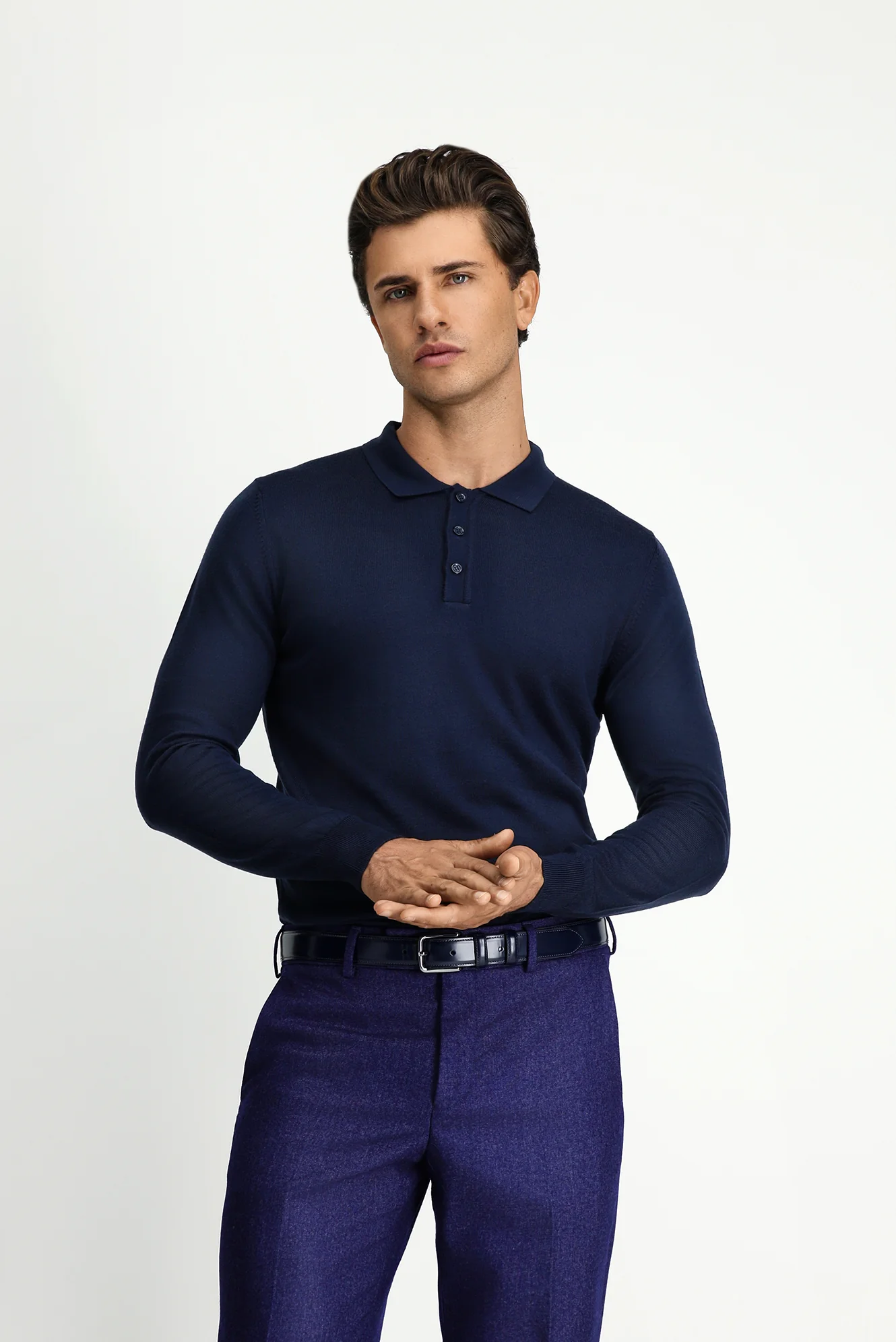 Koyu Lacivert Polo Yaka Düğmeli Regular Fit Sıcak Tutan Yünlü Triko Kazak - Image 3