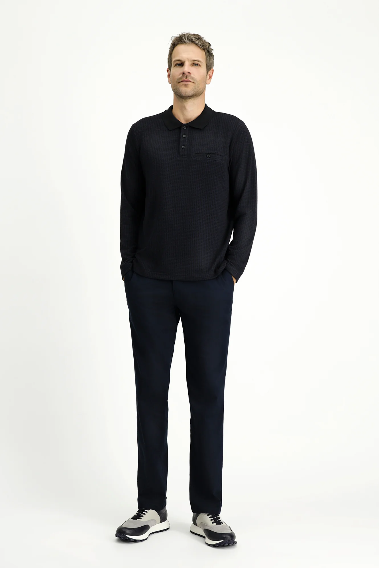 Koyu Lacivert Polo Yaka Regular Fit Desenli Sweatshirt