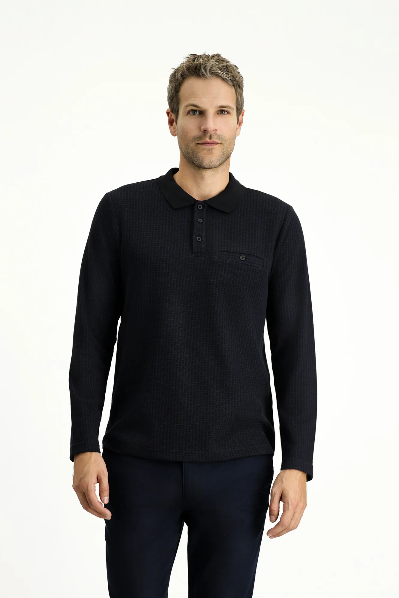 Koyu Lacivert Polo Yaka Regular Fit Desenli Sweatshirt - Image 2