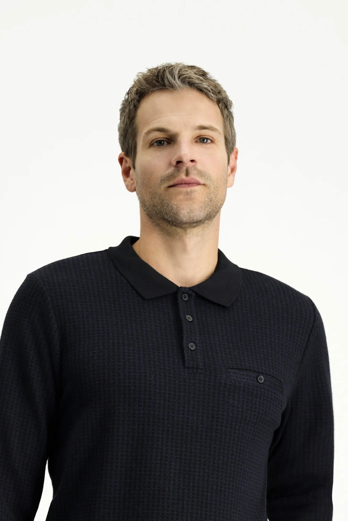 Koyu Lacivert Polo Yaka Regular Fit Desenli Sweatshirt - Image 3