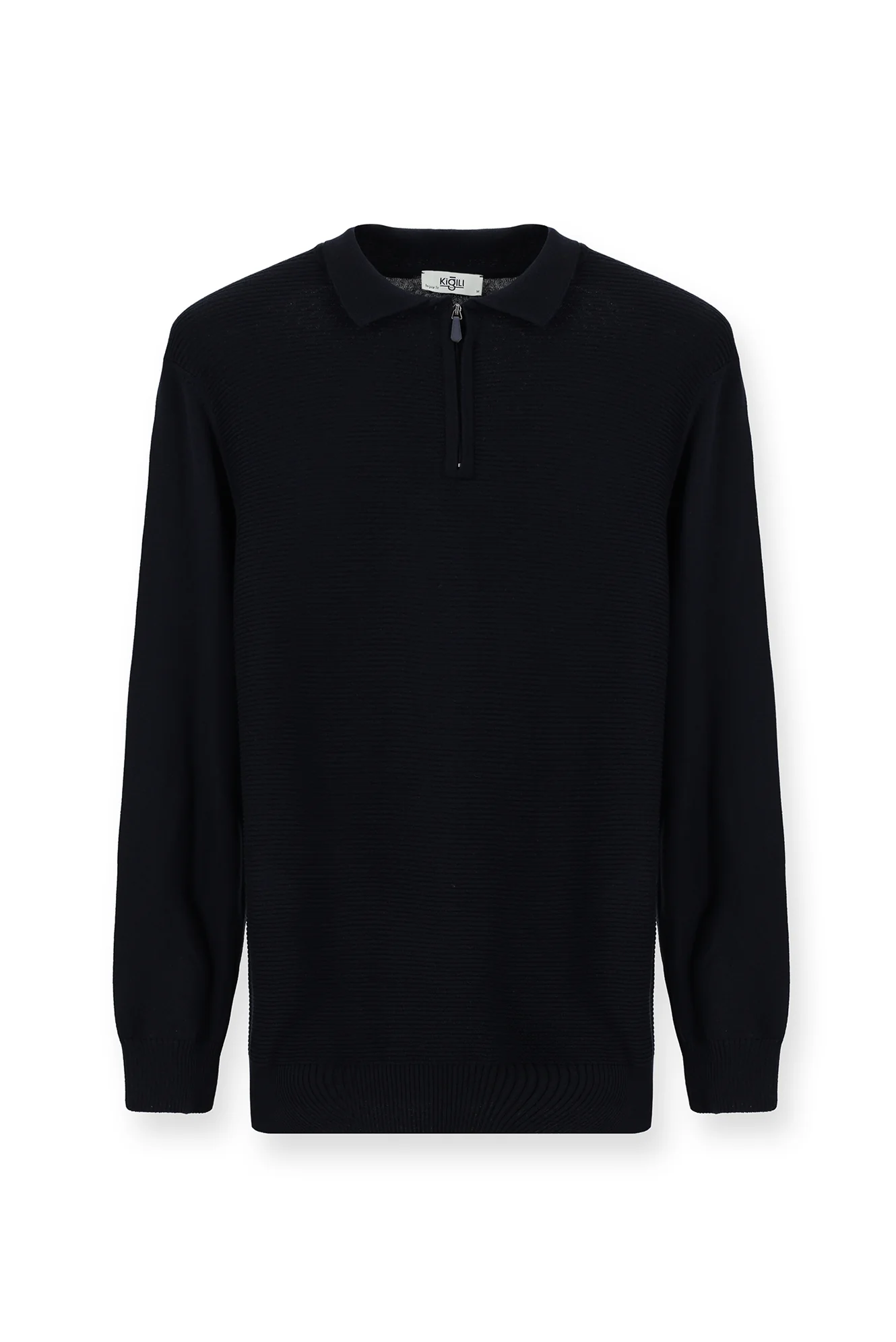 Koyu Lacivert Polo Yaka Fermuarlı Regular Fit Desenli Pamuklu Triko Kazak - Image 6