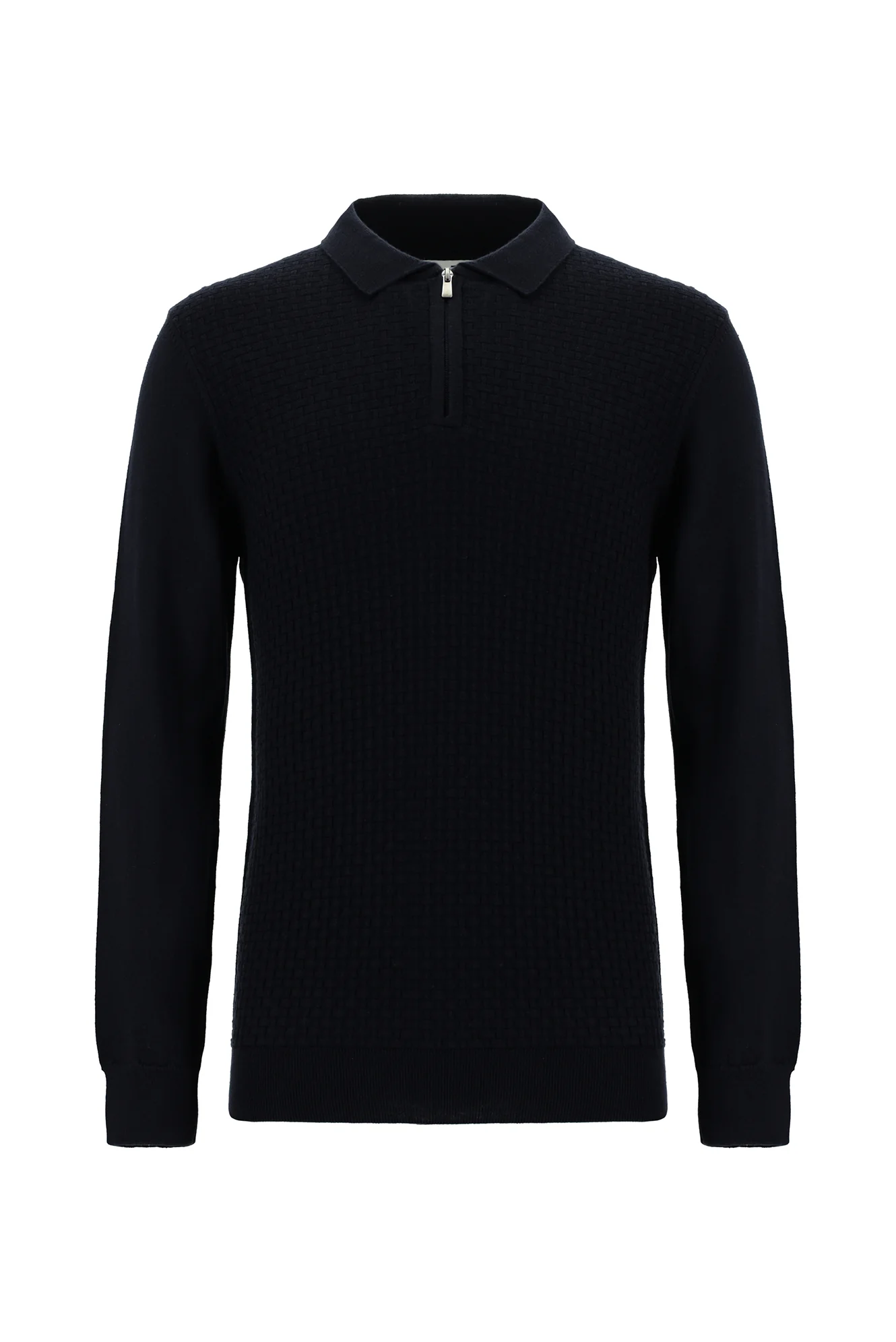 Koyu Lacivert Polo Yaka Regular Fit Fermuarlı Desenli Pamuklu Triko Kazak - Image 6