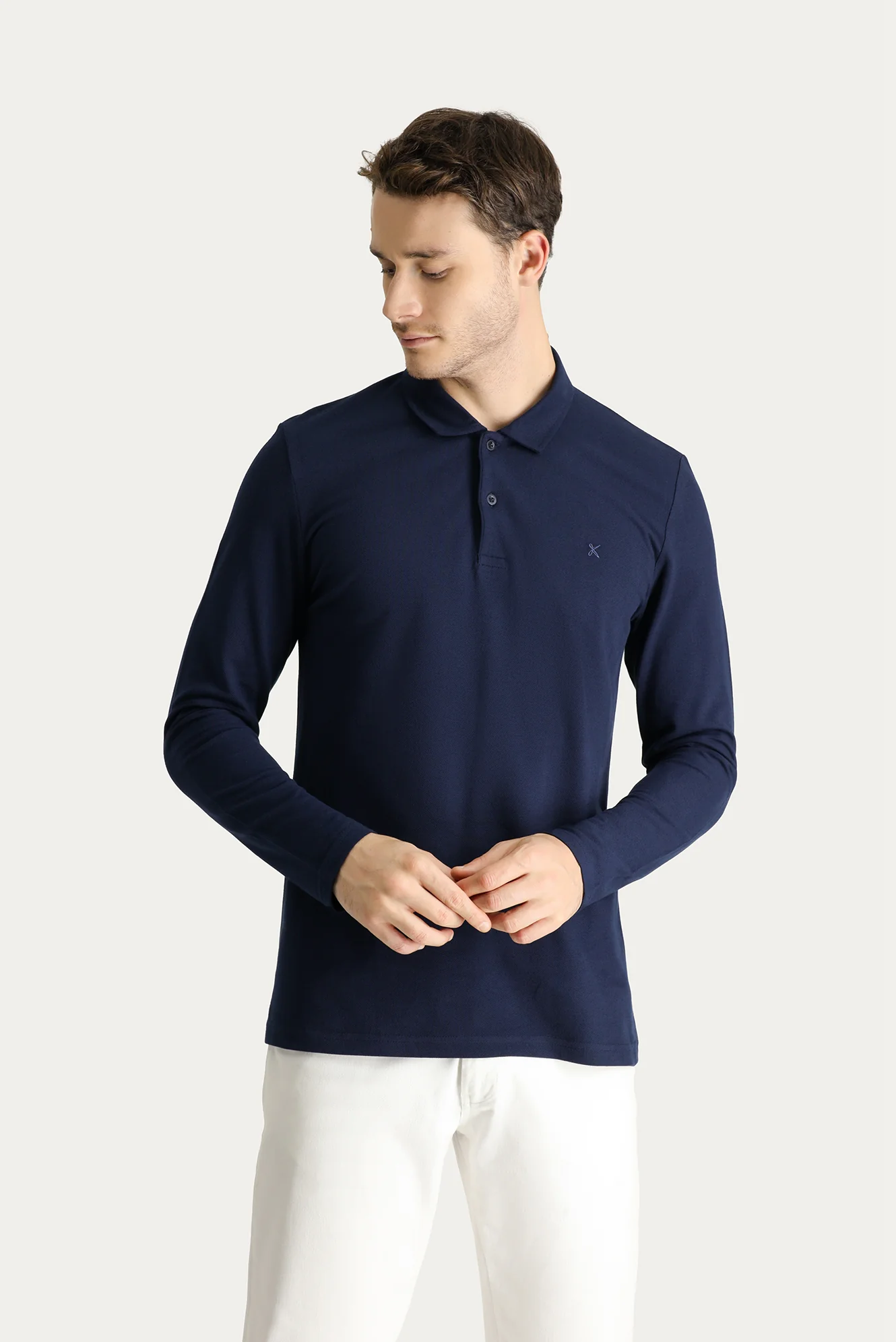 Koyu Lacivert Polo Yaka Regular Fit Nakışlı Pamuk Sweatshirt - Image 2