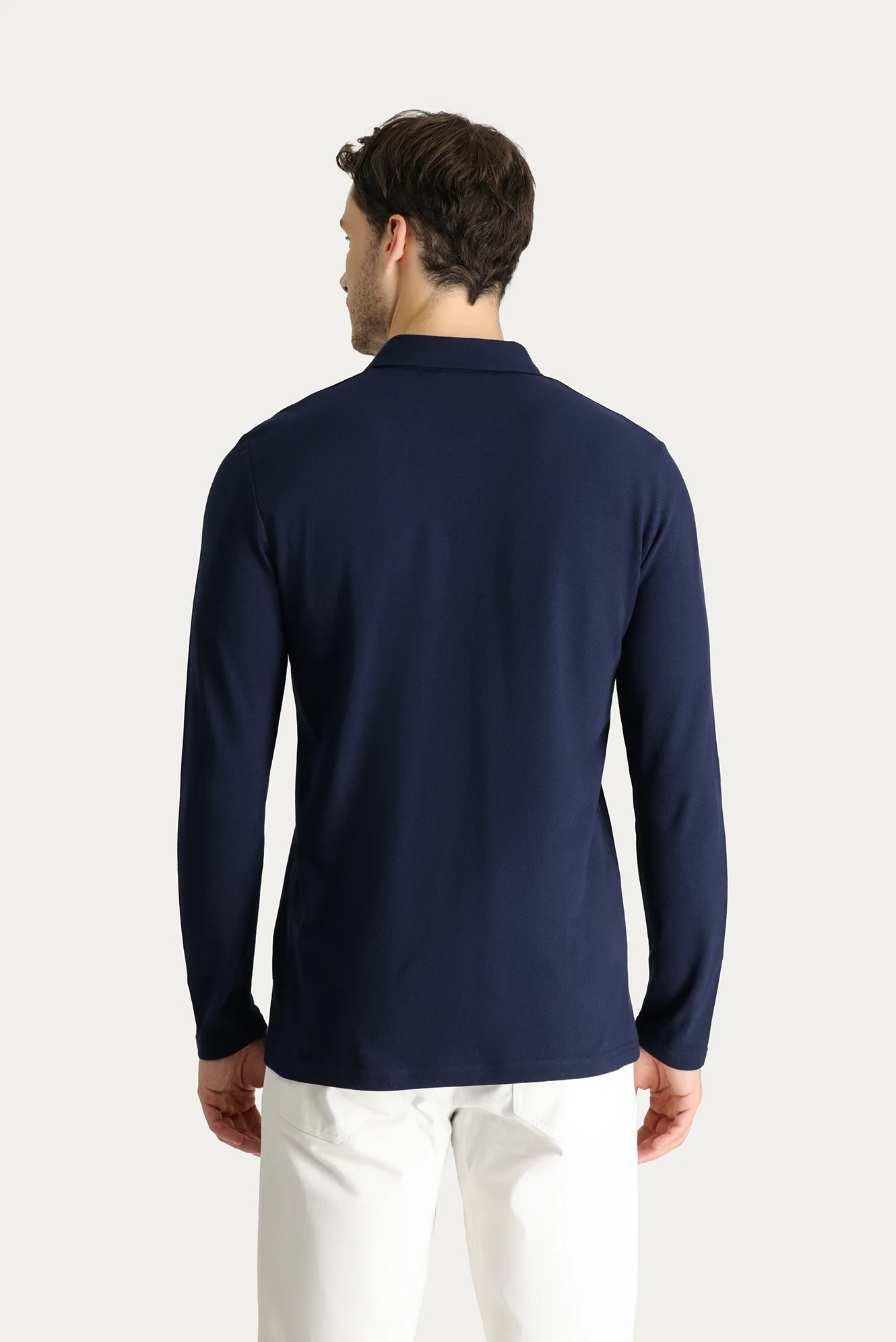 Koyu Lacivert Polo Yaka Regular Fit Nakışlı Pamuk Sweatshirt - Image 3