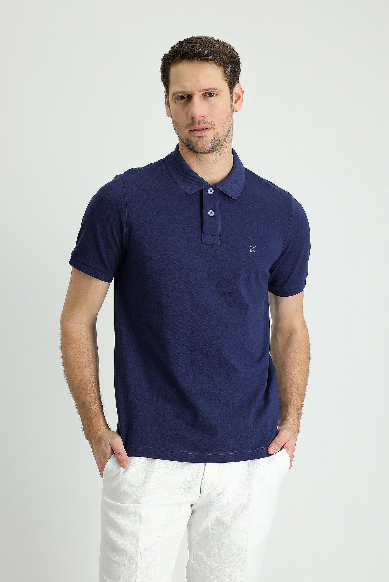 Koyu Lacivert Polo Yaka Regular Fit Nakışlı Pamuk Tişört