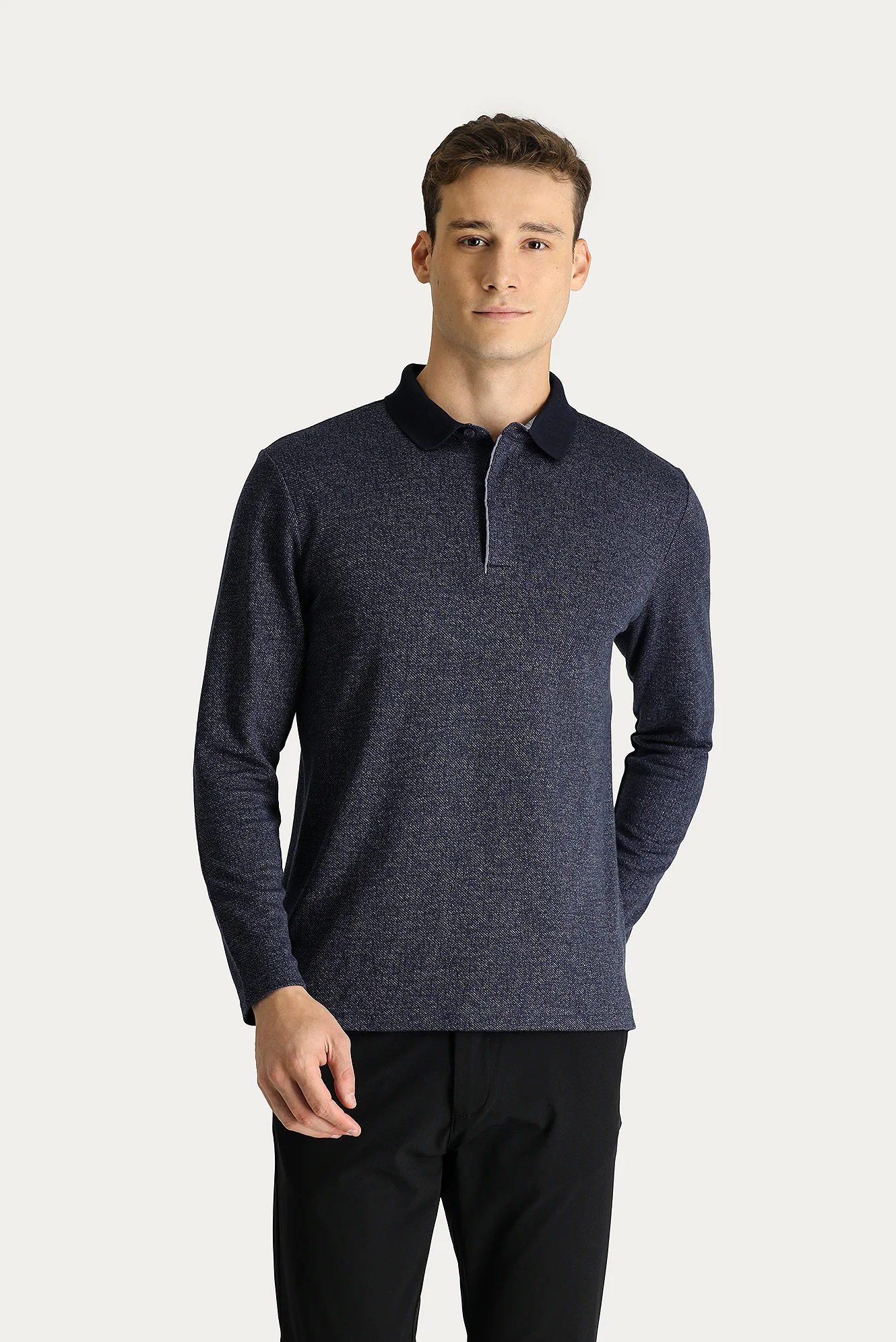 Koyu Lacivert Polo Yaka Regular Fit Nakışlı Sweatshirt