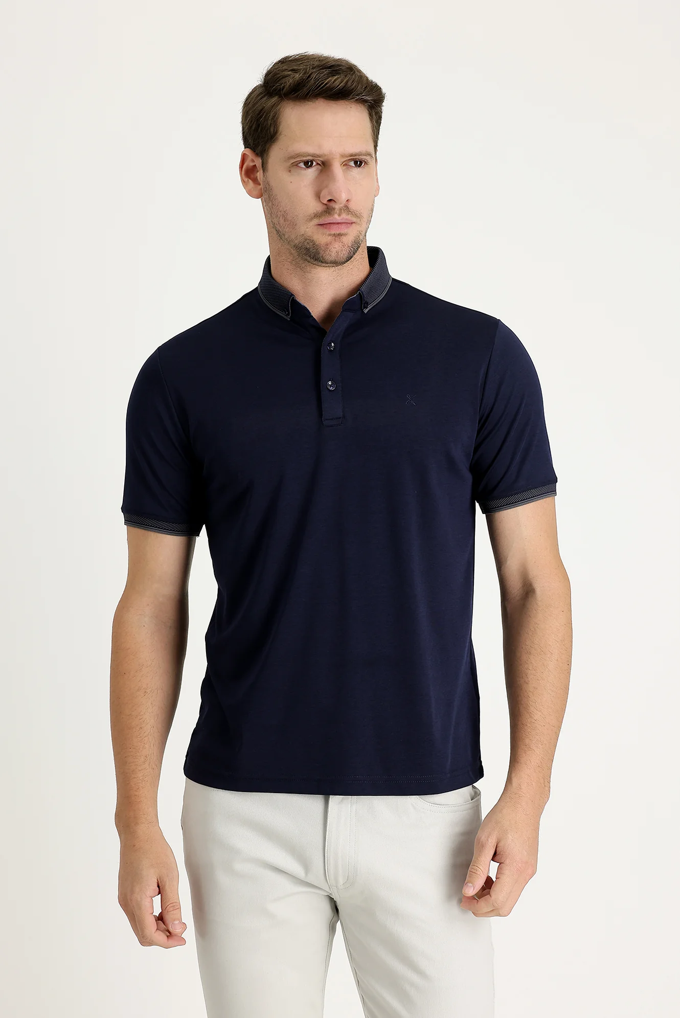 Koyu Lacivert Polo Yaka Regular Fit Nakışlı Tişört
