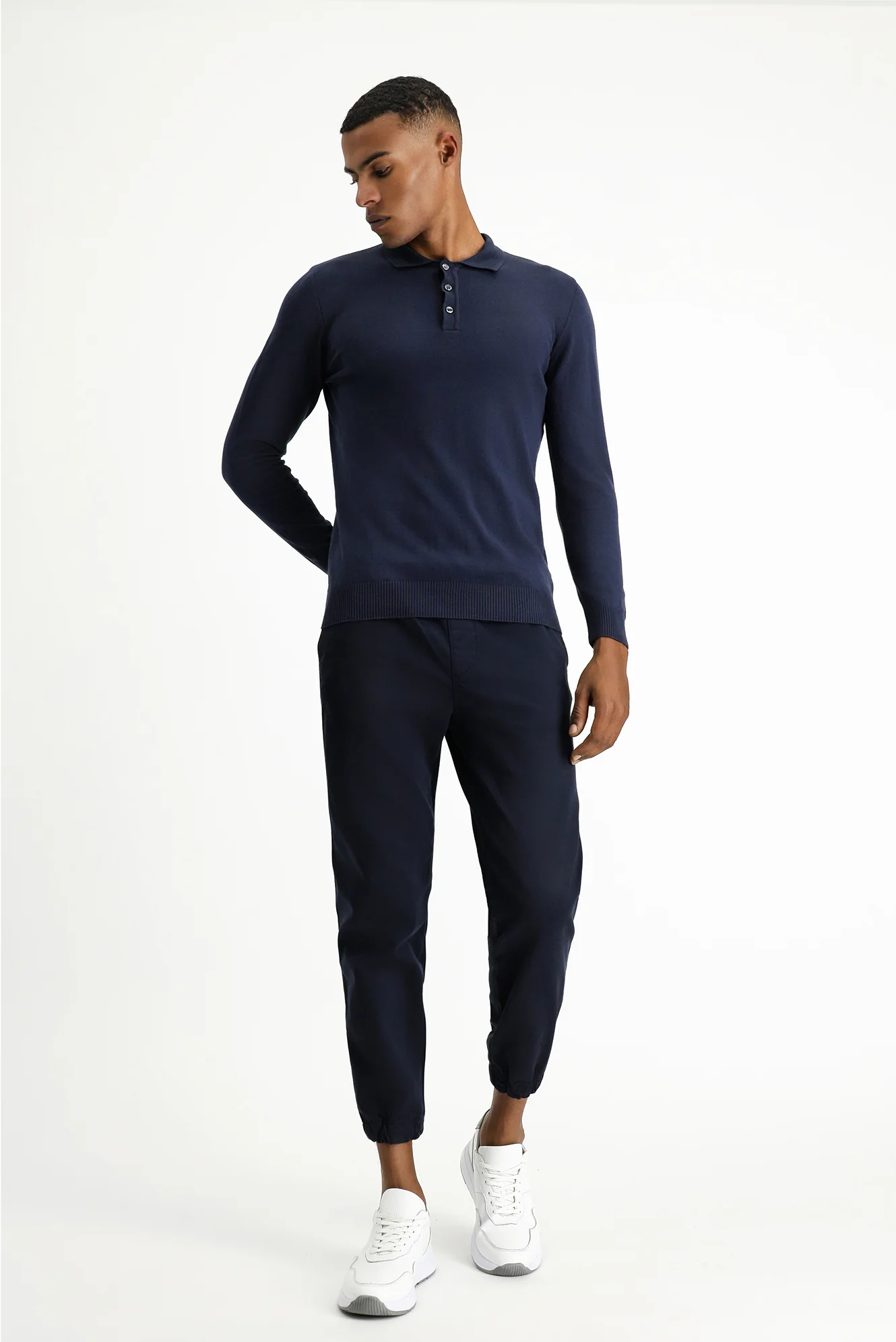 Koyu Lacivert Polo Yaka Regular Fit Pamuklu Kaşmirli Triko Kazak