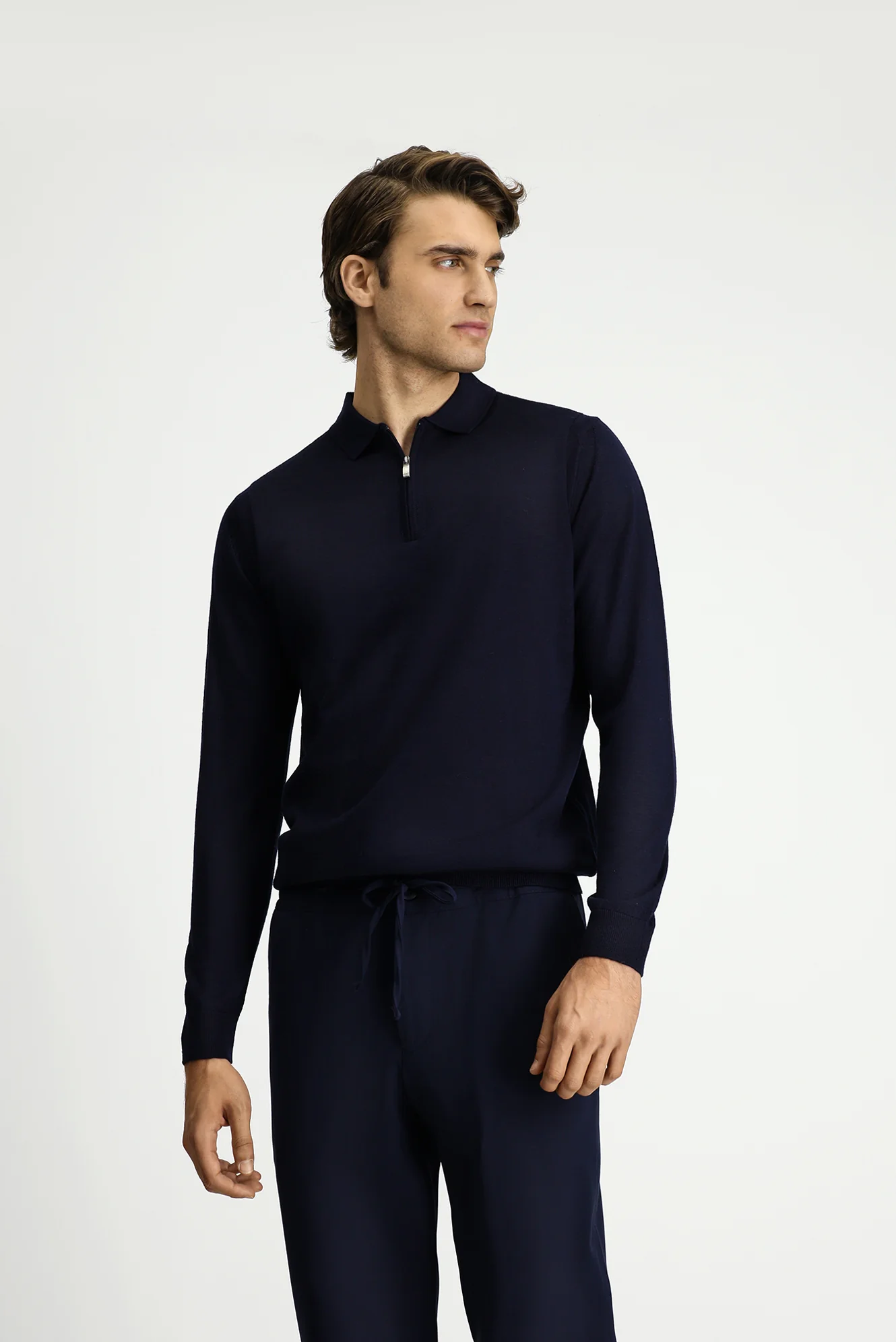 Koyu Lacivert Polo Yaka Regular Fit Fermuarlı Yünlü Triko Kazak