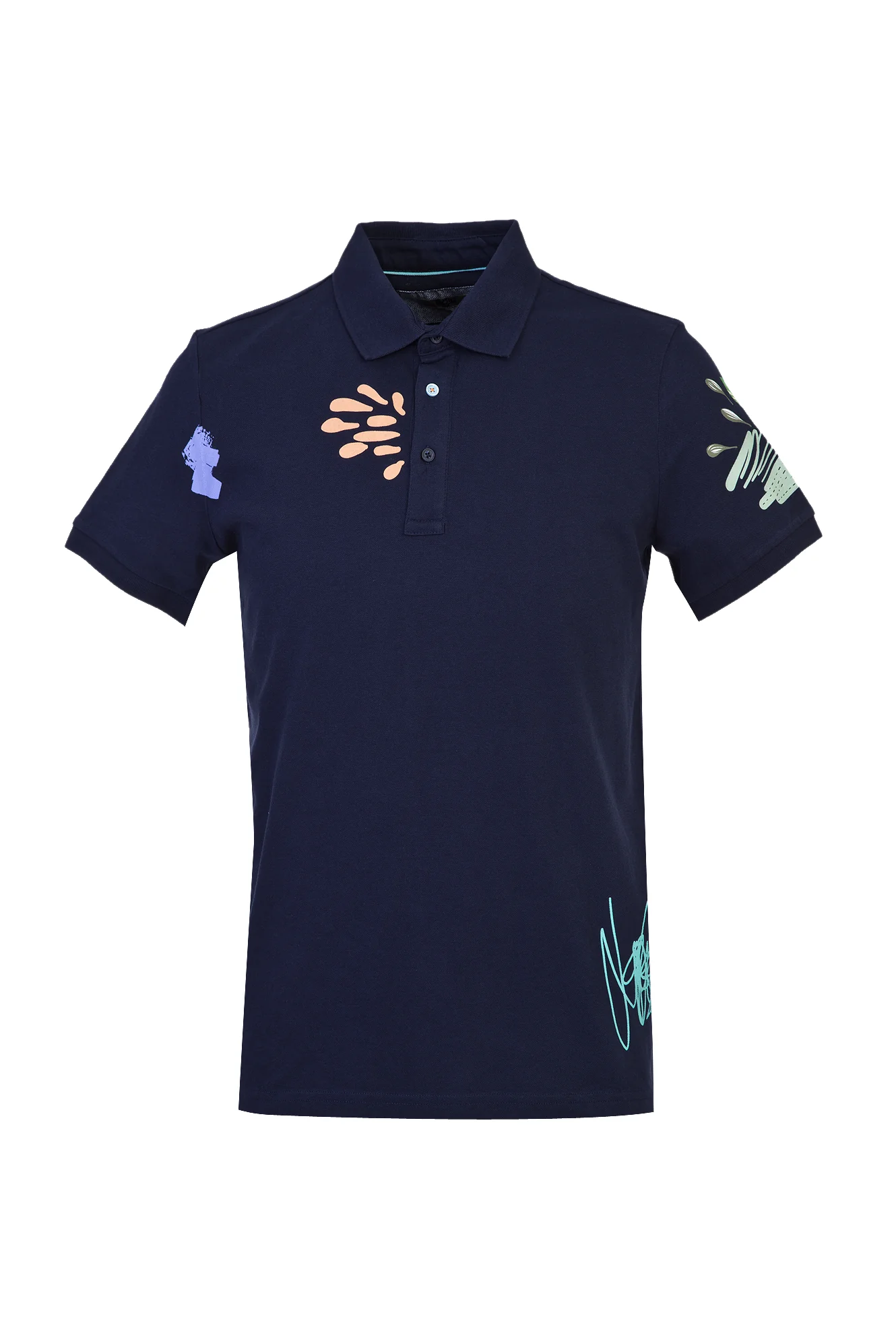 Koyu Lacivert Polo Yaka Slim Fit Dar Kesim Baskılı Tişört