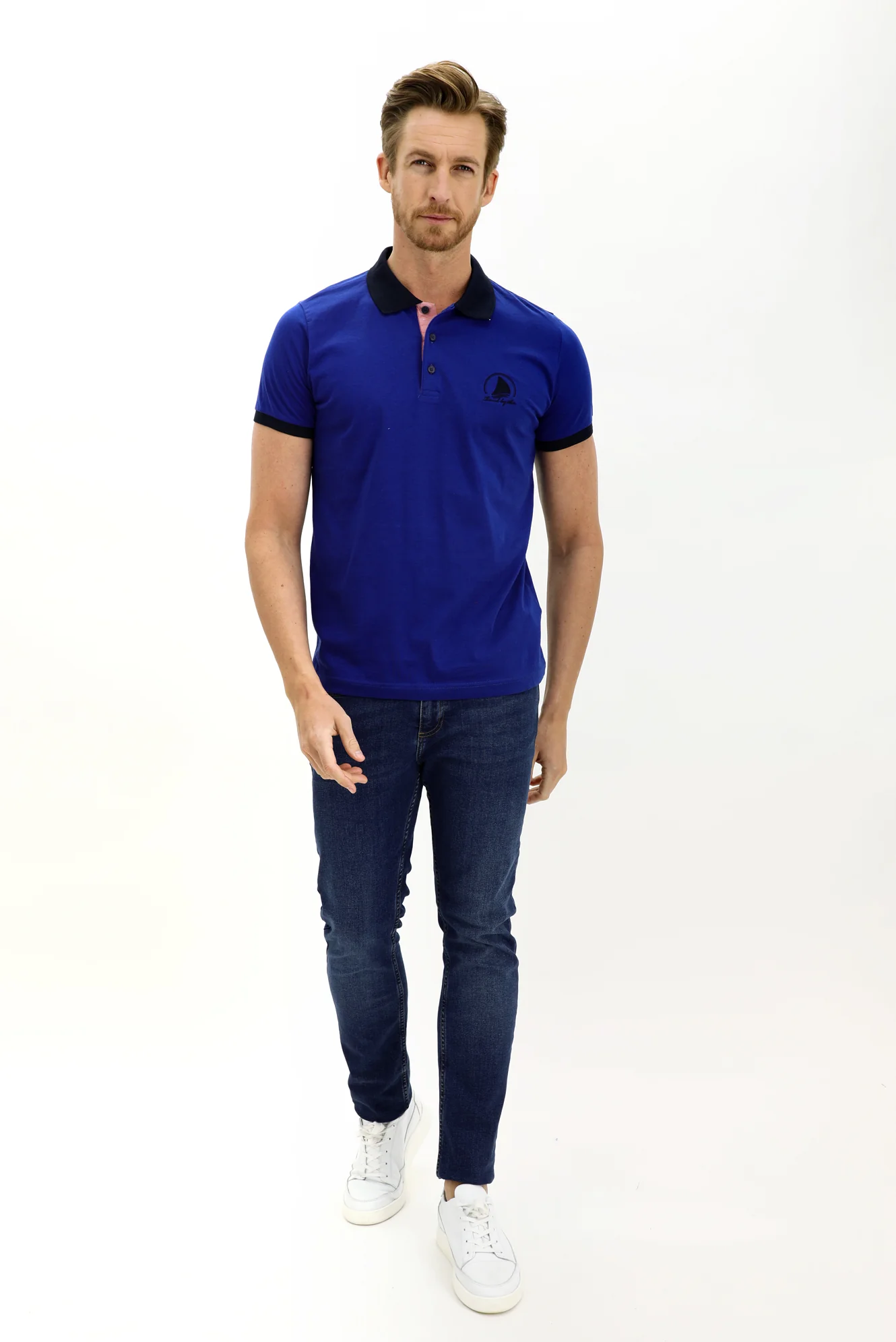 Koyu Lacivert Polo Yaka Slim Fit Dar Kesim Desenli Pamuk Tişört - Image 2