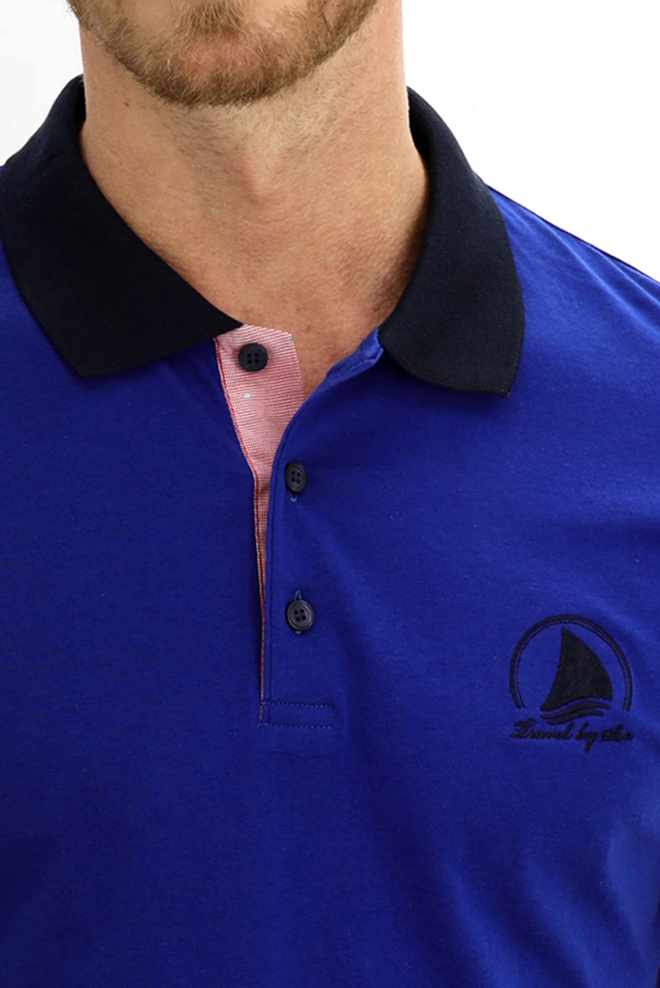 Koyu Lacivert Polo Yaka Slim Fit Dar Kesim Desenli Pamuk Tişört - Image 4