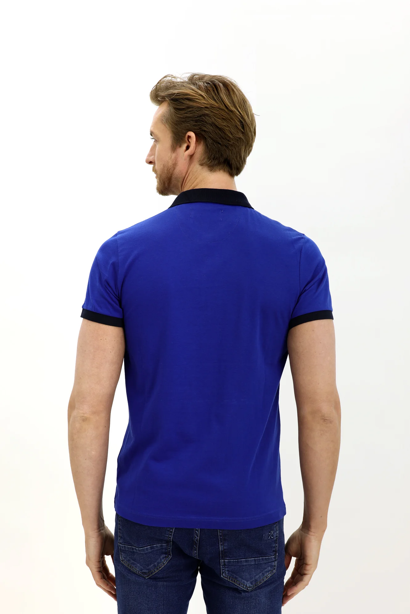 Koyu Lacivert Polo Yaka Slim Fit Dar Kesim Desenli Pamuk Tişört - Image 5