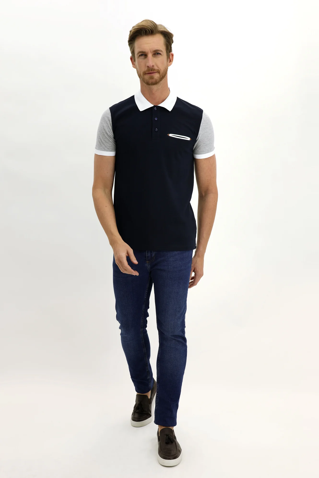 Koyu Lacivert Polo Yaka Slim Fit Dar Kesim Desenli Pamuk Tişört - Image 2