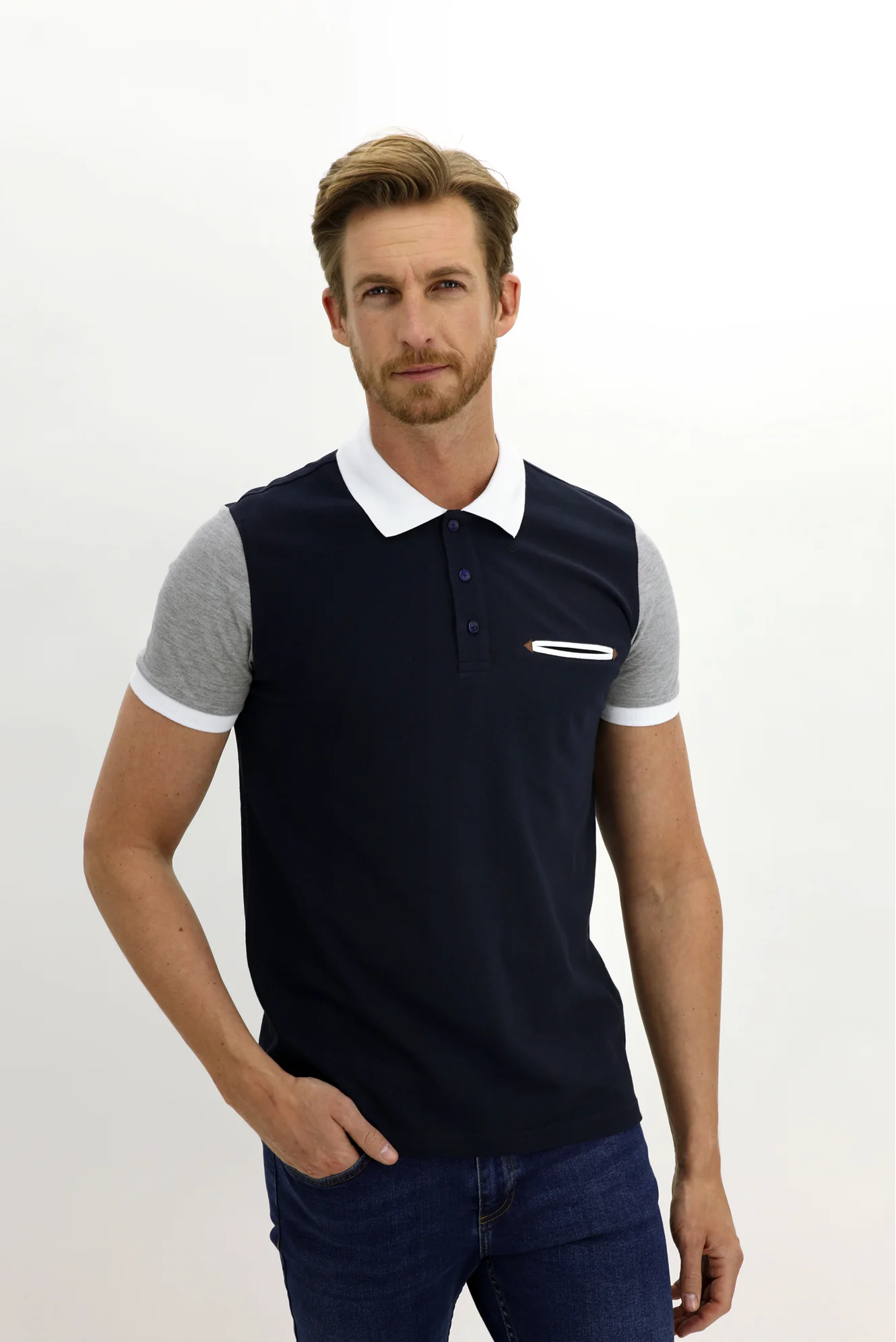 Koyu Lacivert Polo Yaka Slim Fit Dar Kesim Desenli Pamuk Tişört - Image 3
